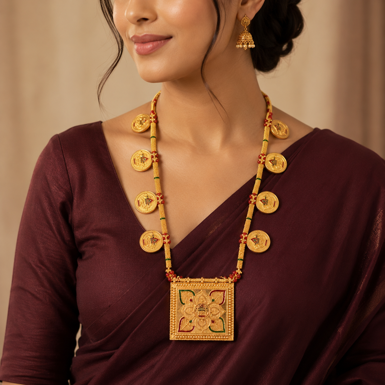 Traditional Gold-Toned Coin Necklace with Square Floral Mandala Pendant