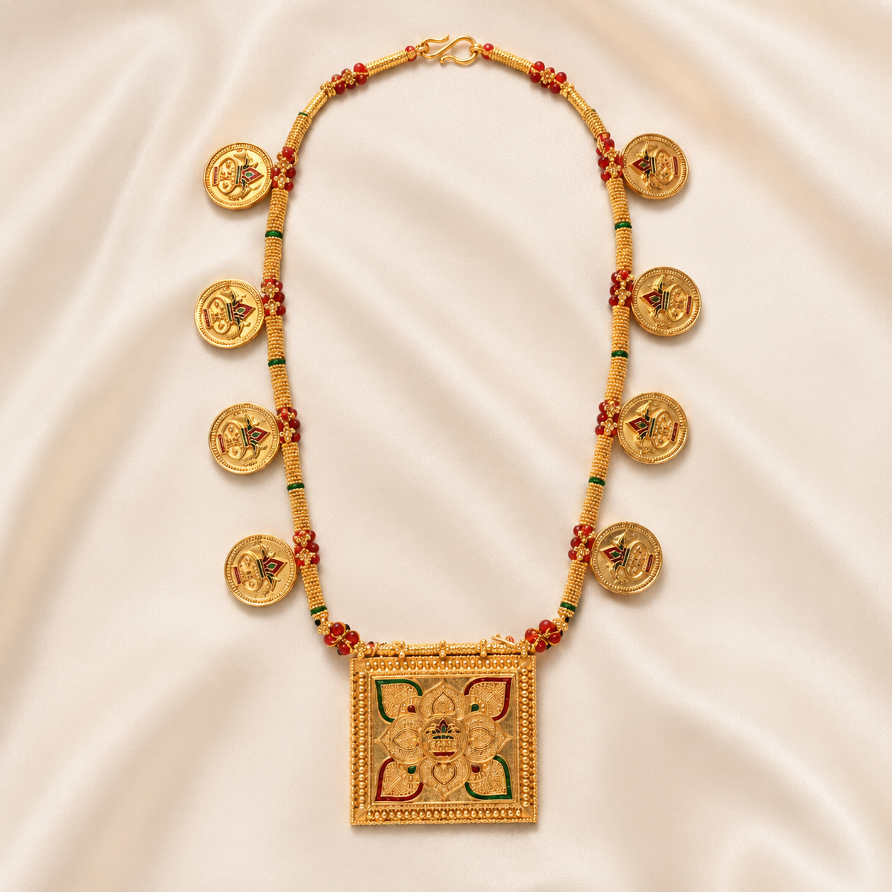 Traditional Gold-Toned Coin Necklace with Square Floral Mandala Pendant
