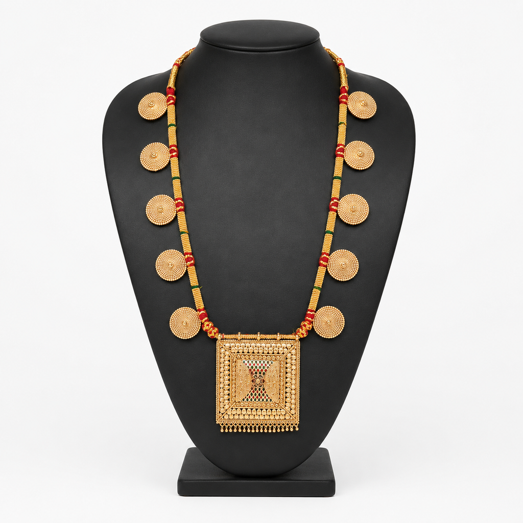 Traditional Gold-Toned Spiral Motif Long Necklace with Square Statement Pendant