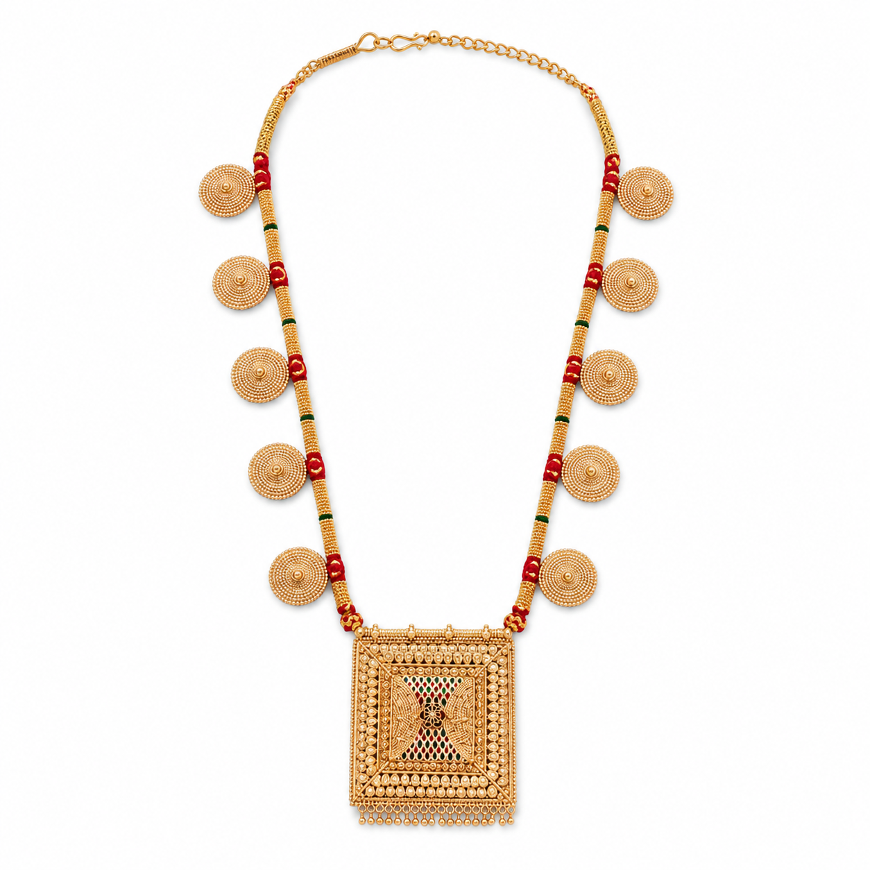 Traditional Gold-Toned Spiral Motif Long Necklace with Square Statement Pendant