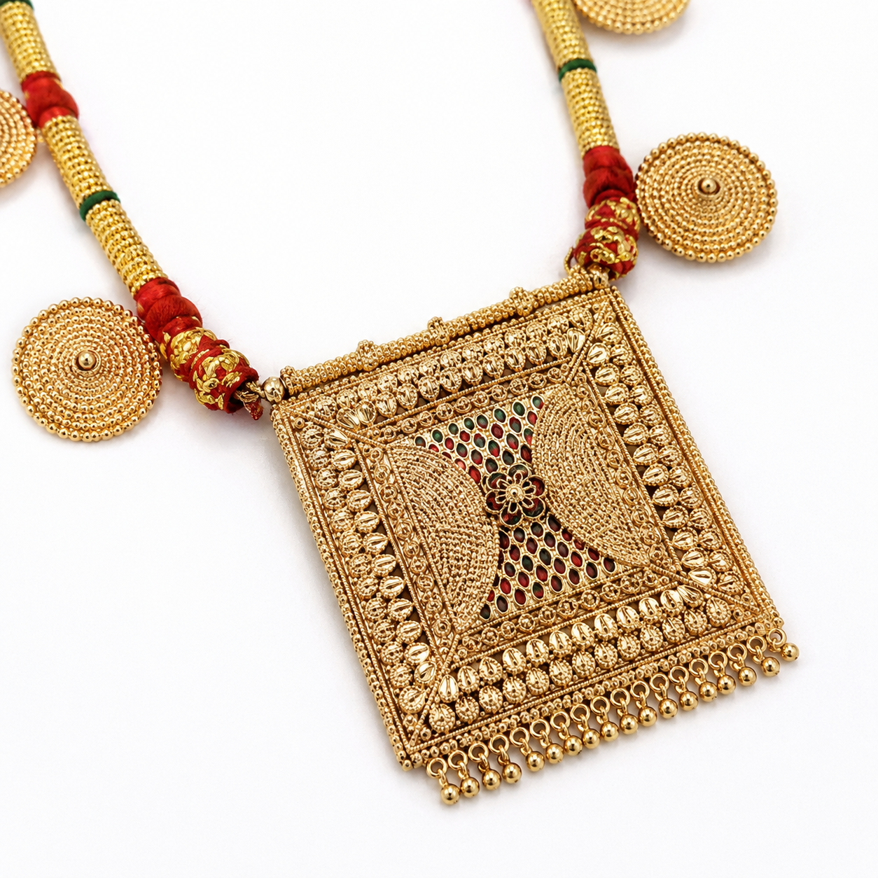 Traditional Gold-Toned Spiral Motif Long Necklace with Square Statement Pendant