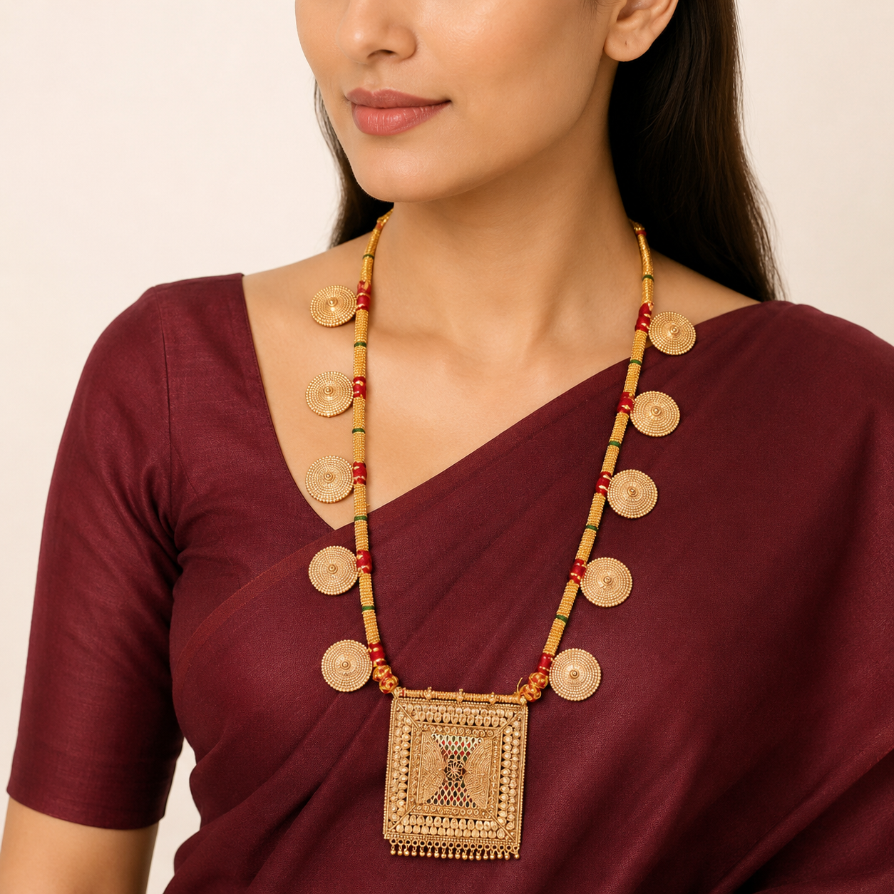 Traditional Gold-Toned Spiral Motif Long Necklace with Square Statement Pendant