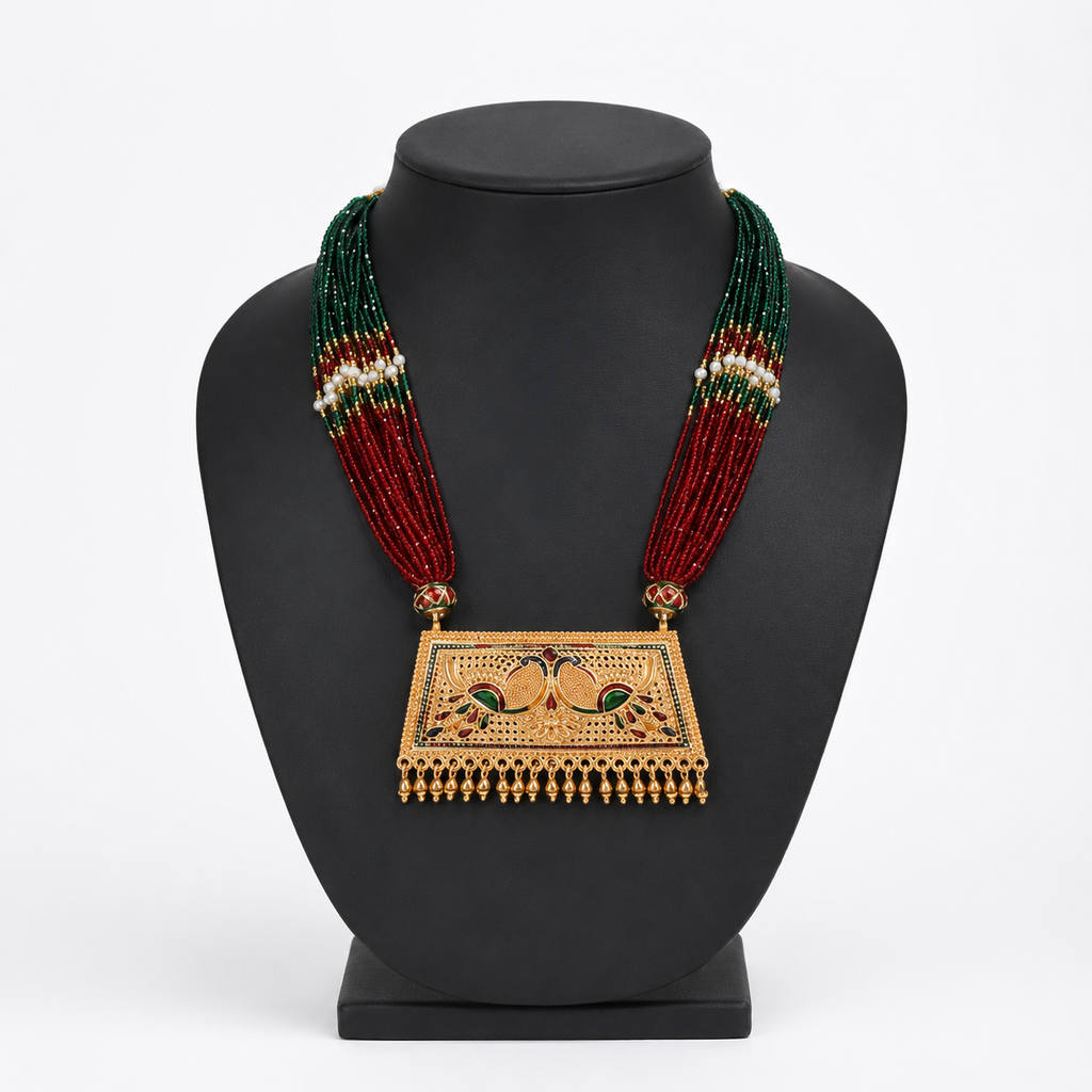 Exquisite Multi-Color Beaded Long Necklace with Meenakari Peacock Pendant