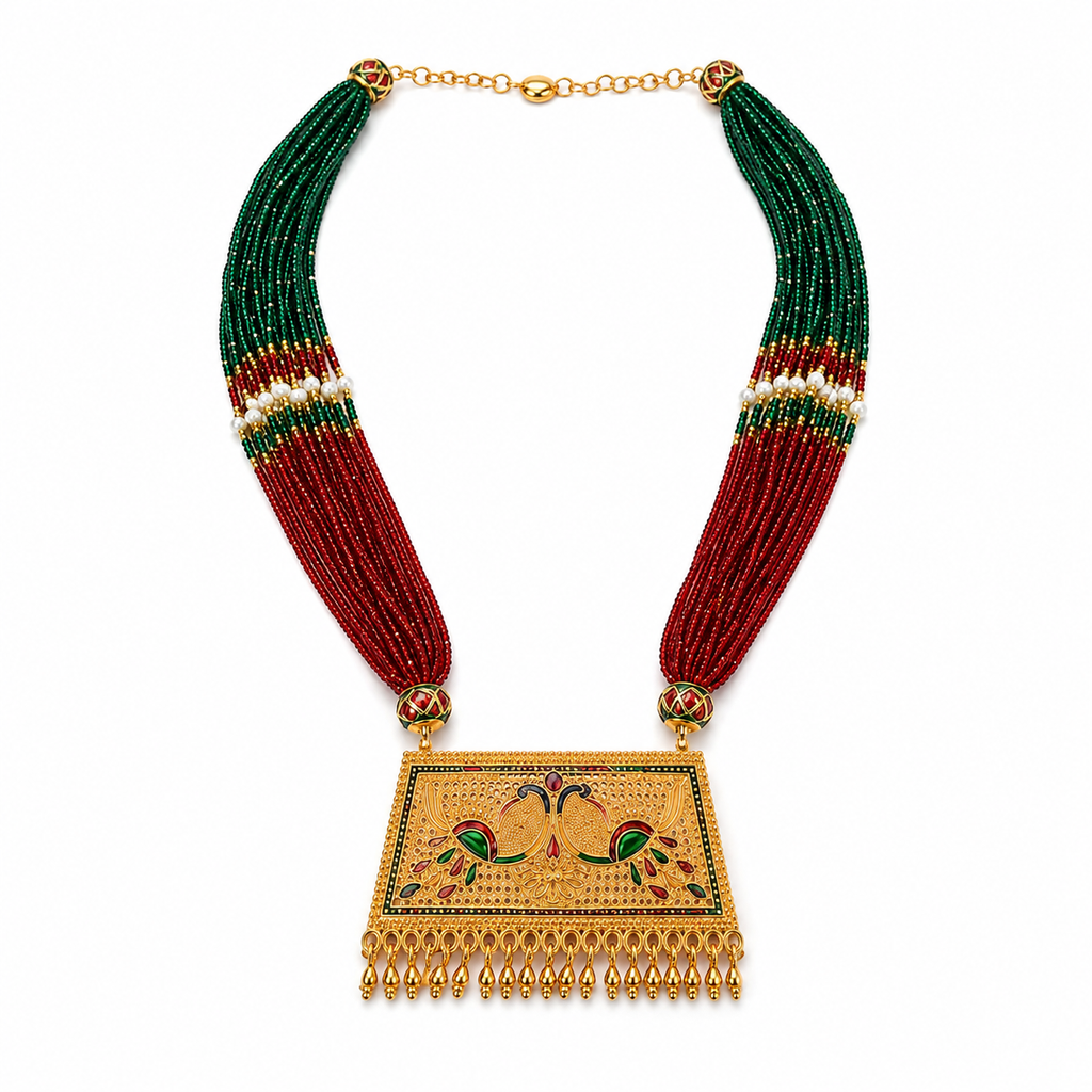 Exquisite Multi-Color Beaded Long Necklace with Meenakari Peacock Pendant