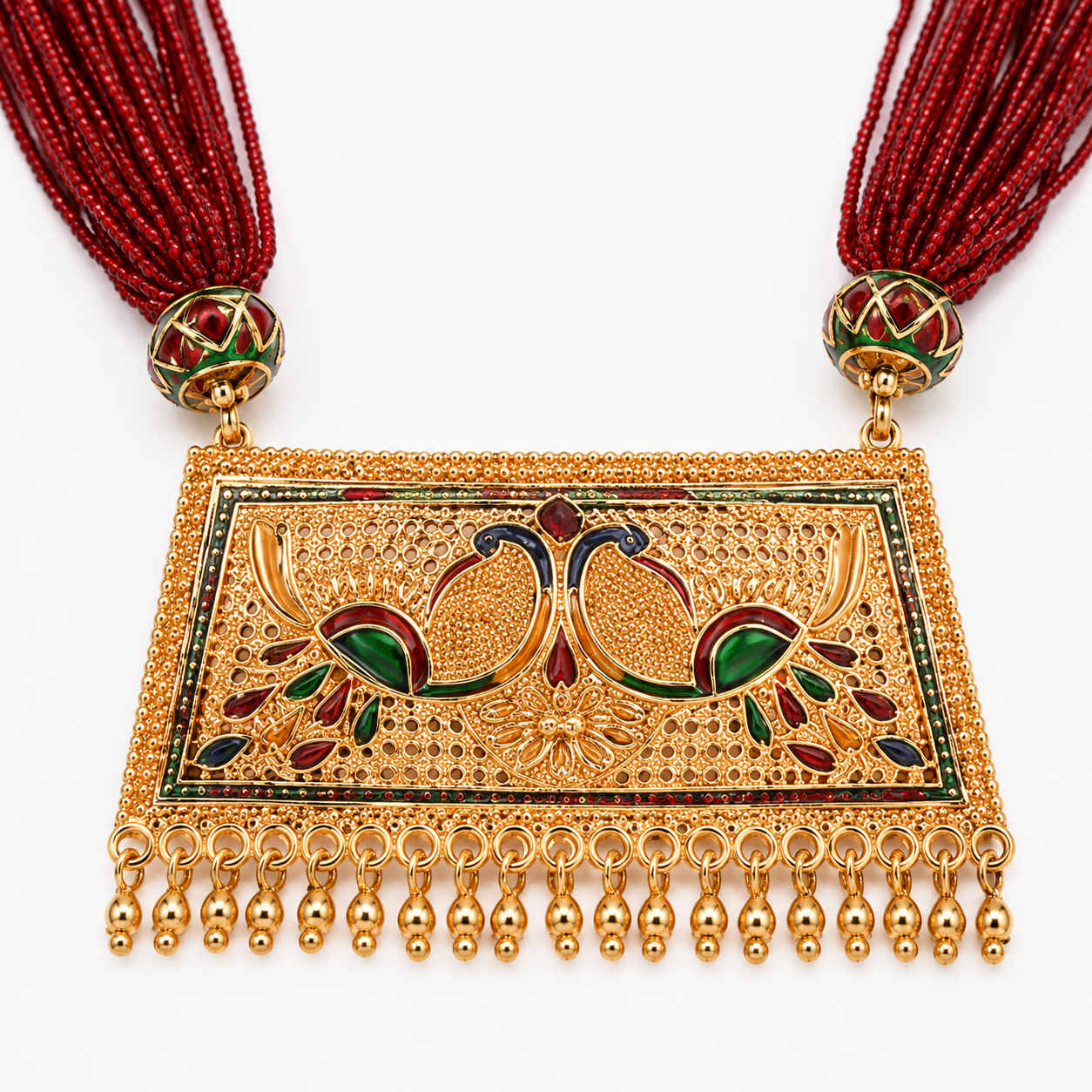Exquisite Multi-Color Beaded Long Necklace with Meenakari Peacock Pendant