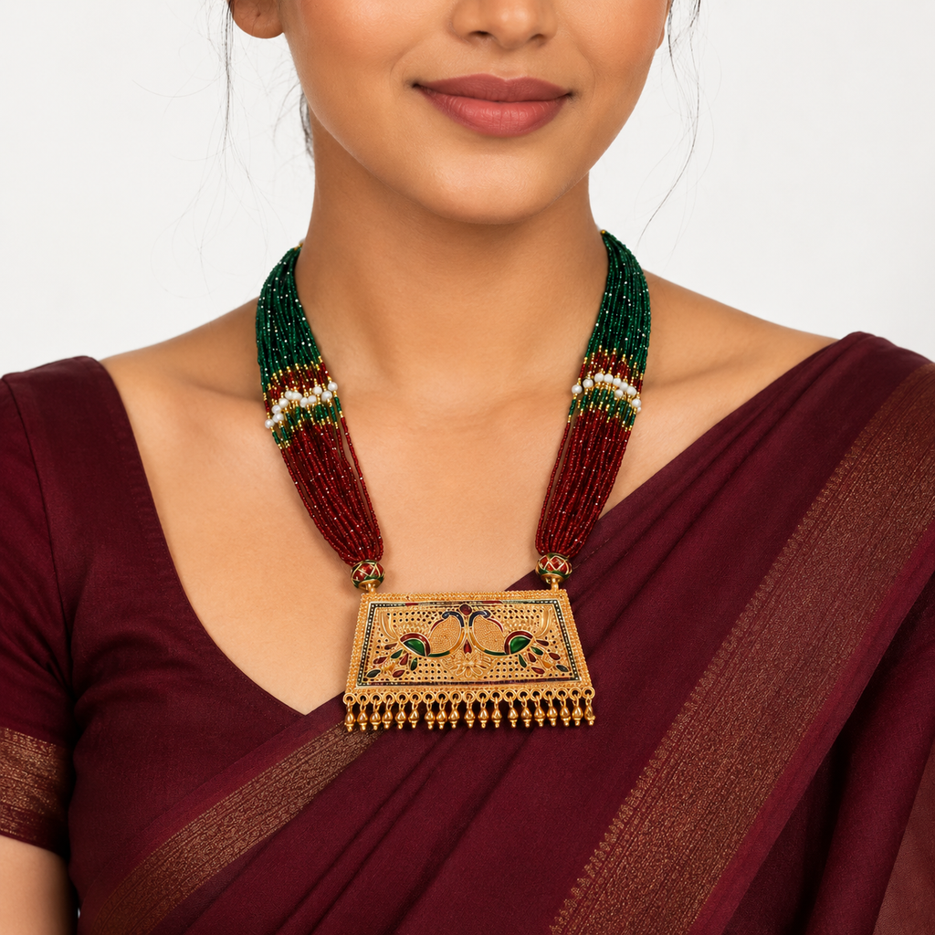 Exquisite Multi-Color Beaded Long Necklace with Meenakari Peacock Pendant