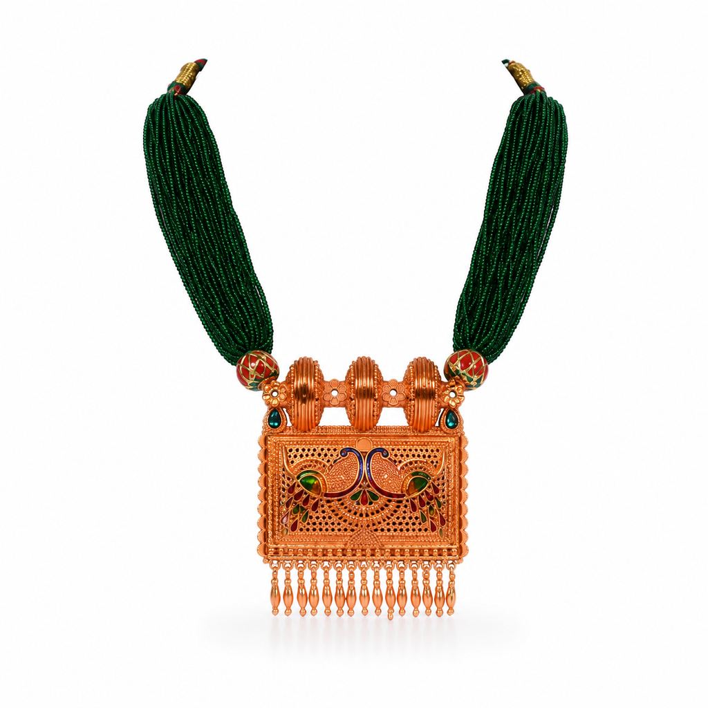 Exquisite Deep Green Multi-Strand Beaded Necklace with Antique Copper-Toned Peacock Pendant