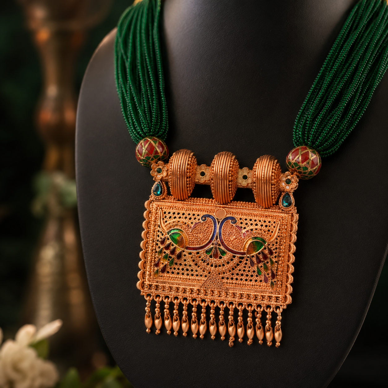 Exquisite Deep Green Multi-Strand Beaded Necklace with Antique Copper-Toned Peacock Pendant