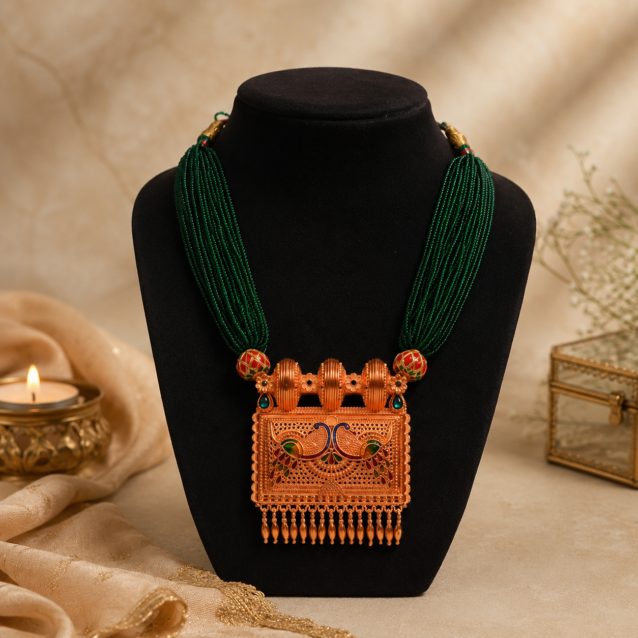 Exquisite Deep Green Multi-Strand Beaded Necklace with Antique Copper-Toned Peacock Pendant