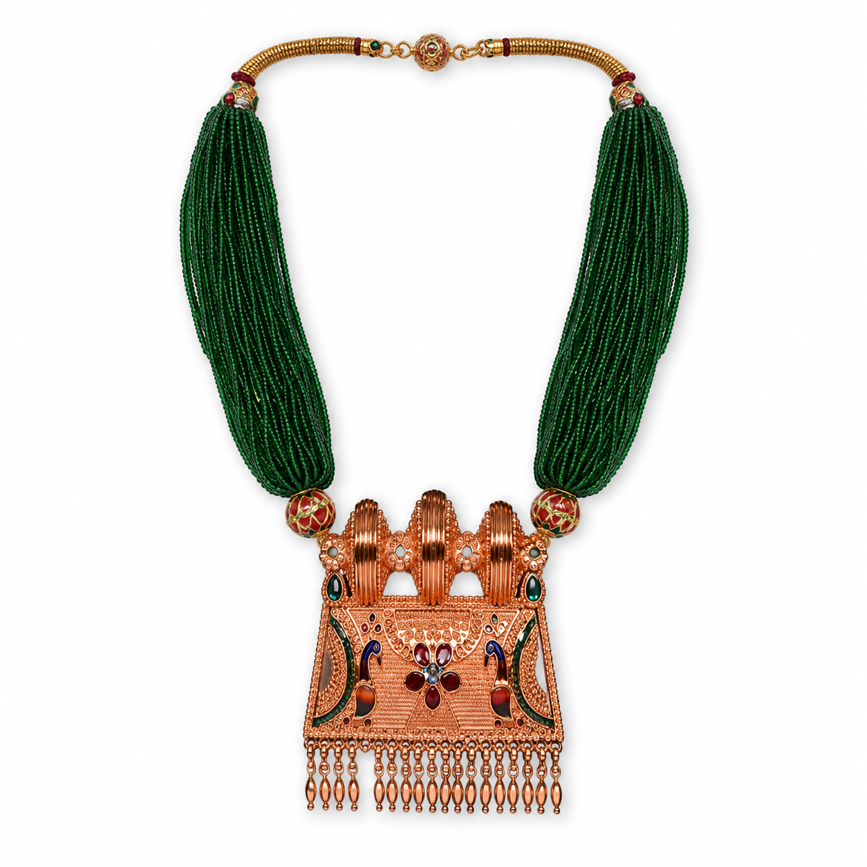 Exquisite Emerald Green Multi-Strand Beaded Necklace with Antique Copper-Toned Statement Pendant
