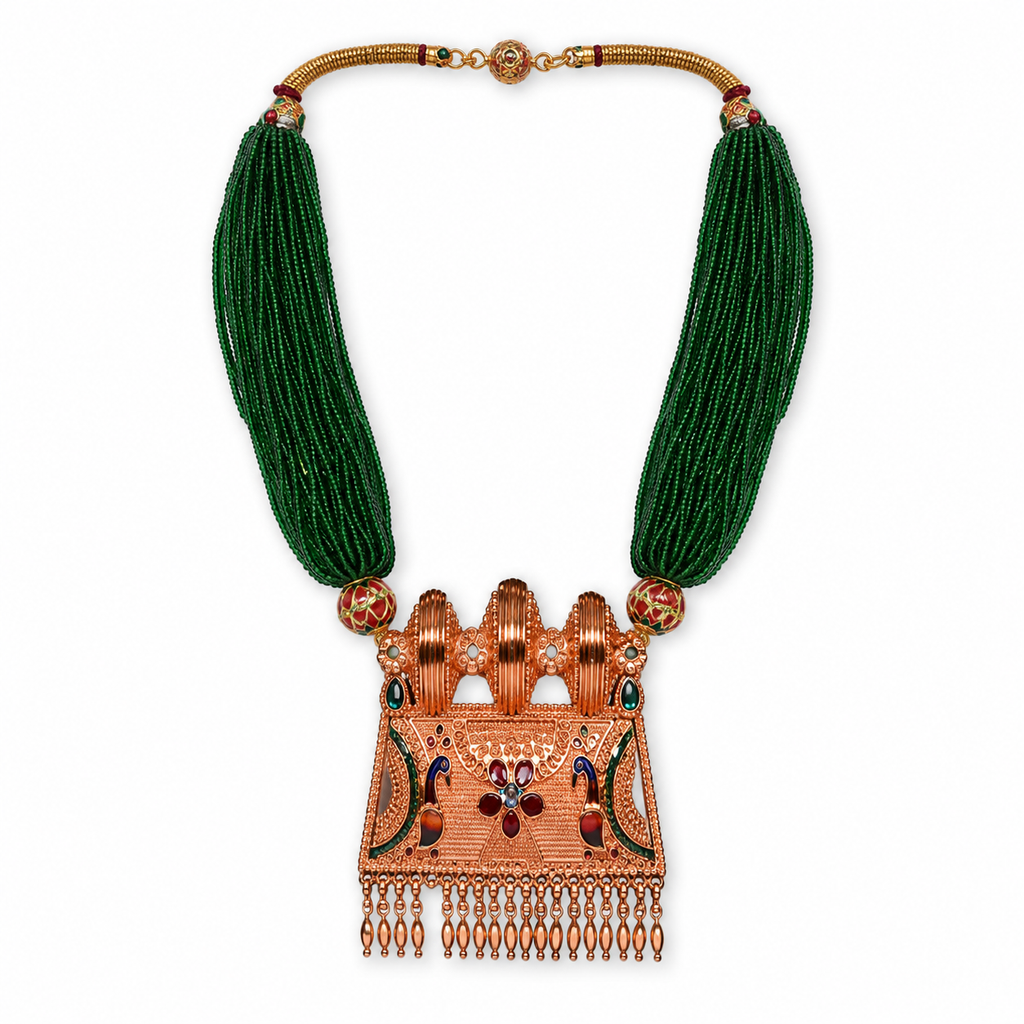 Exquisite Emerald Green Multi-Strand Beaded Necklace with Antique Copper-Toned Statement Pendant