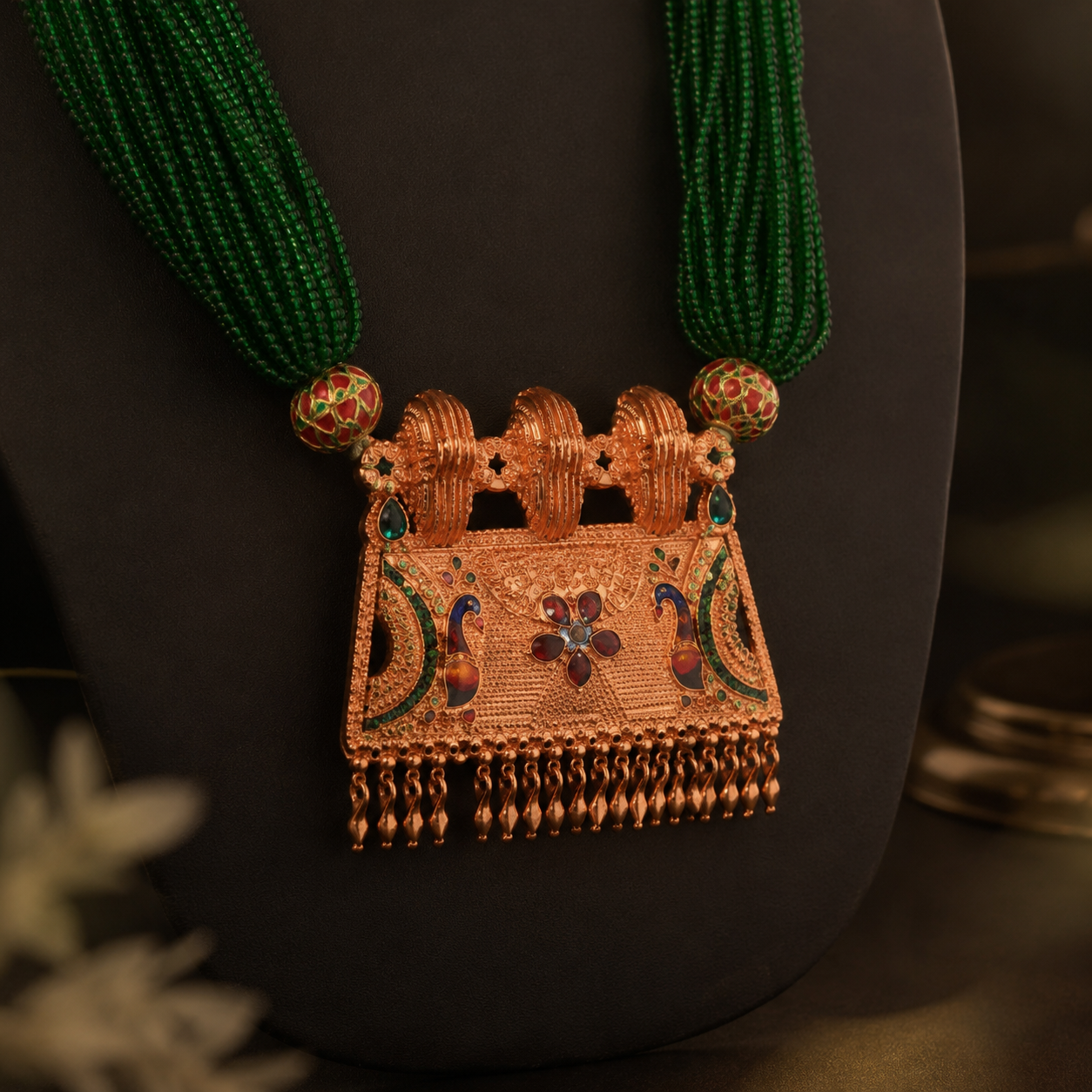 Exquisite Emerald Green Multi-Strand Beaded Necklace with Antique Copper-Toned Statement Pendant