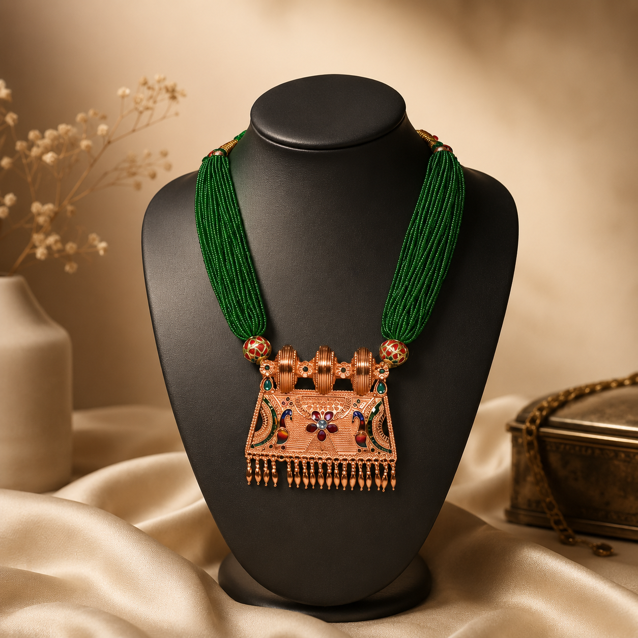 Exquisite Emerald Green Multi-Strand Beaded Necklace with Antique Copper-Toned Statement Pendant