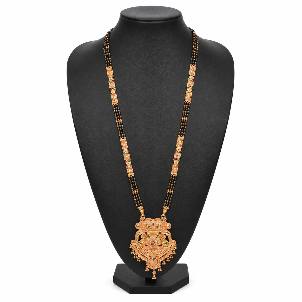Traditional Antique Gold-Toned Multi-Strand Long Mangalsutra with Heritage Statement Pendant