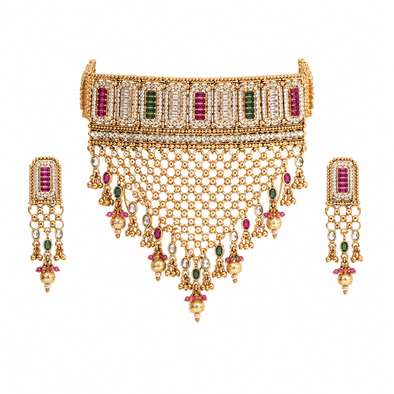 Magnificent Gold-Toned Multi-Color Stone Choker and Earring Set with Cascading Jaali Fringe