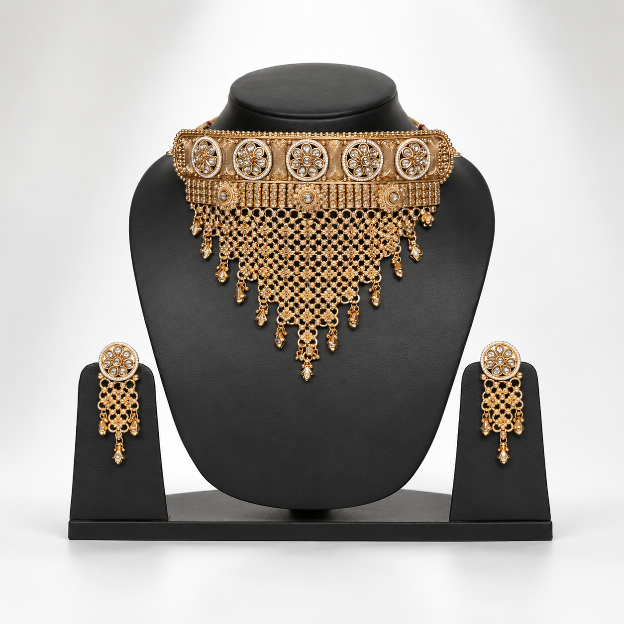 Magnificent Antique Gold-Toned Bridal Choker and Earring Set with Cascading Mesh Fringe