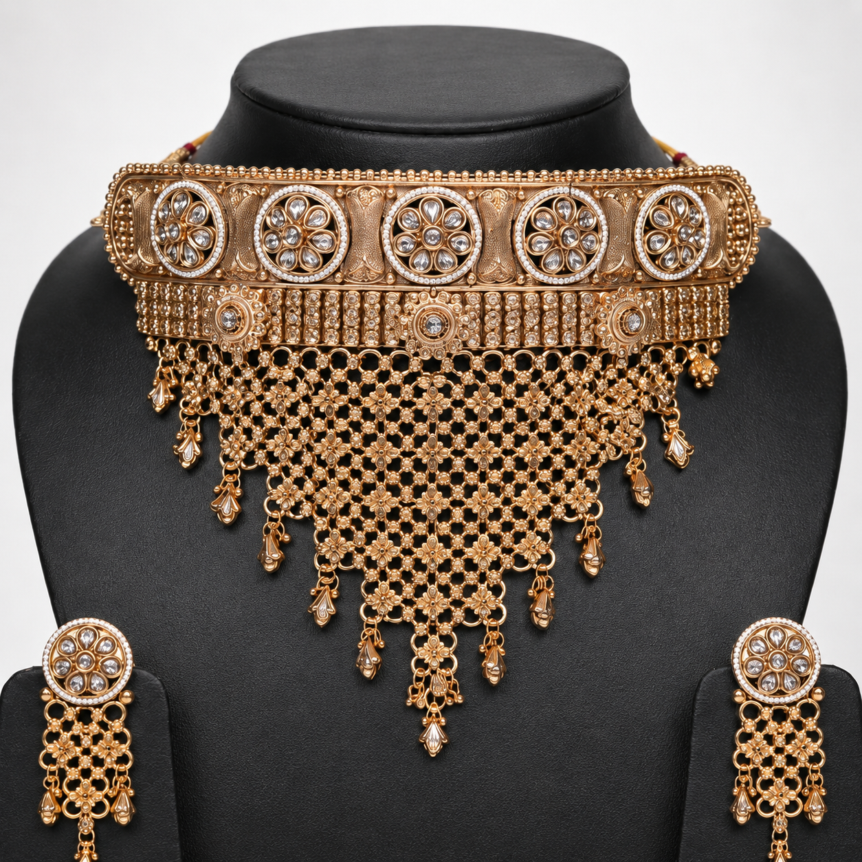Magnificent Antique Gold-Toned Bridal Choker and Earring Set with Cascading Mesh Fringe