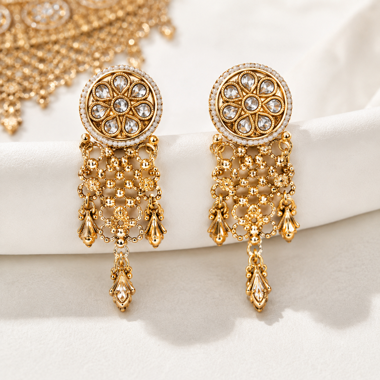 Magnificent Antique Gold-Toned Bridal Choker and Earring Set with Cascading Mesh Fringe