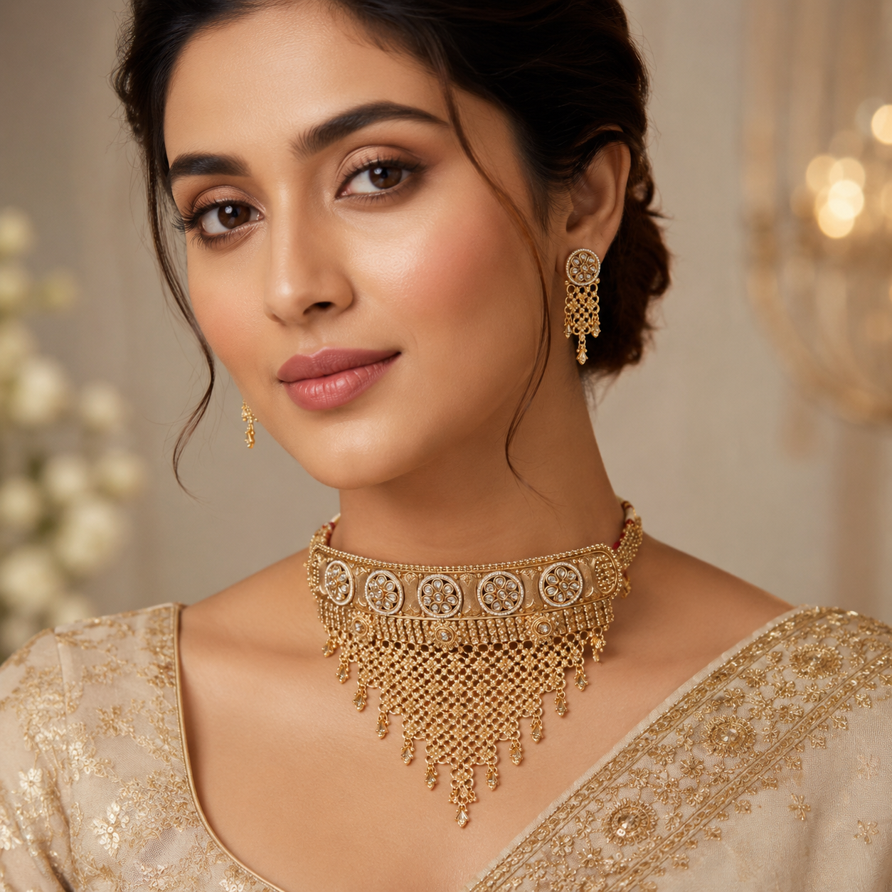 Magnificent Antique Gold-Toned Bridal Choker and Earring Set with Cascading Mesh Fringe