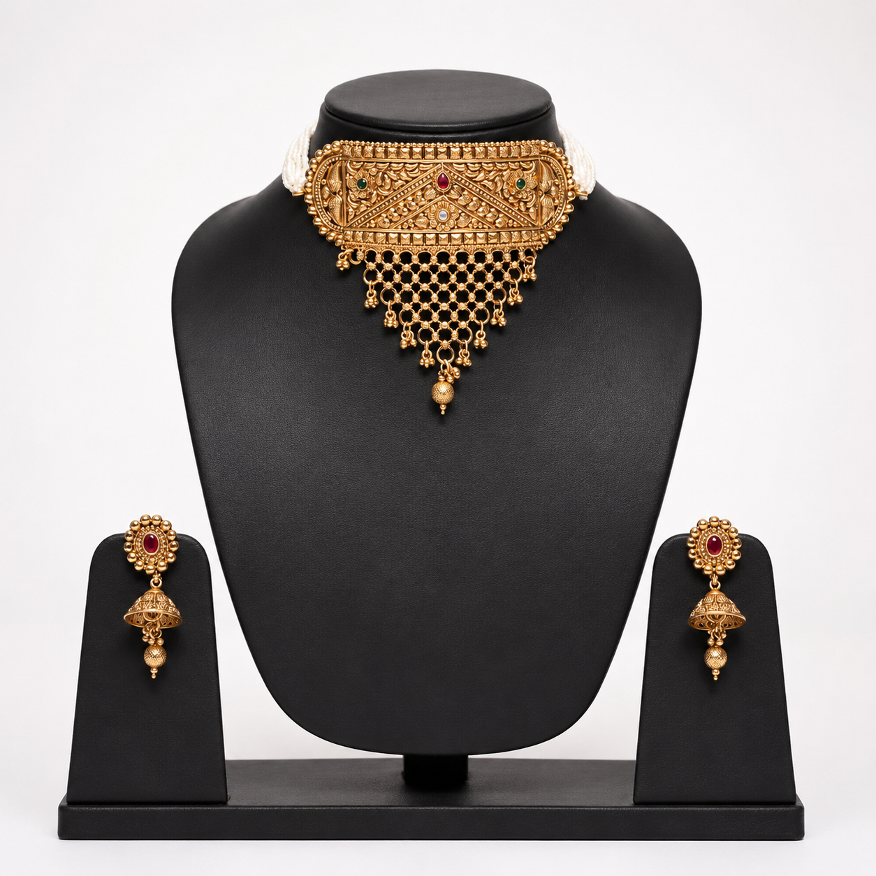 Traditional Antique Gold-Toned Choker Necklace and Jhumki Earring Set with Cascading Mesh Fringe