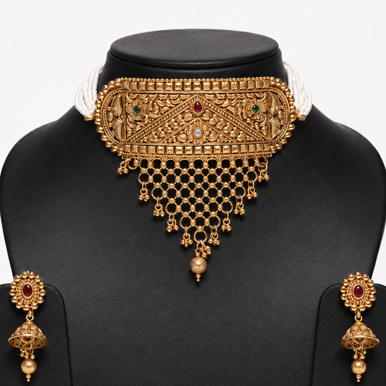 Traditional Antique Gold-Toned Choker Necklace and Jhumki Earring Set with Cascading Mesh Fringe