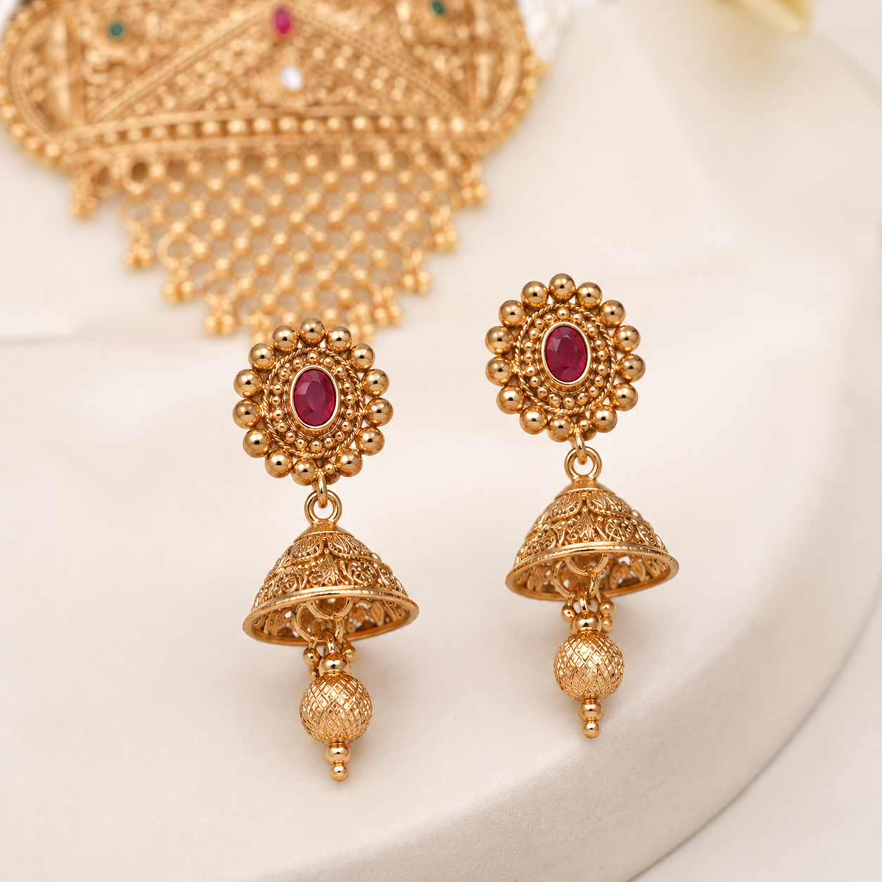 Traditional Antique Gold-Toned Choker Necklace and Jhumki Earring Set with Cascading Mesh Fringe