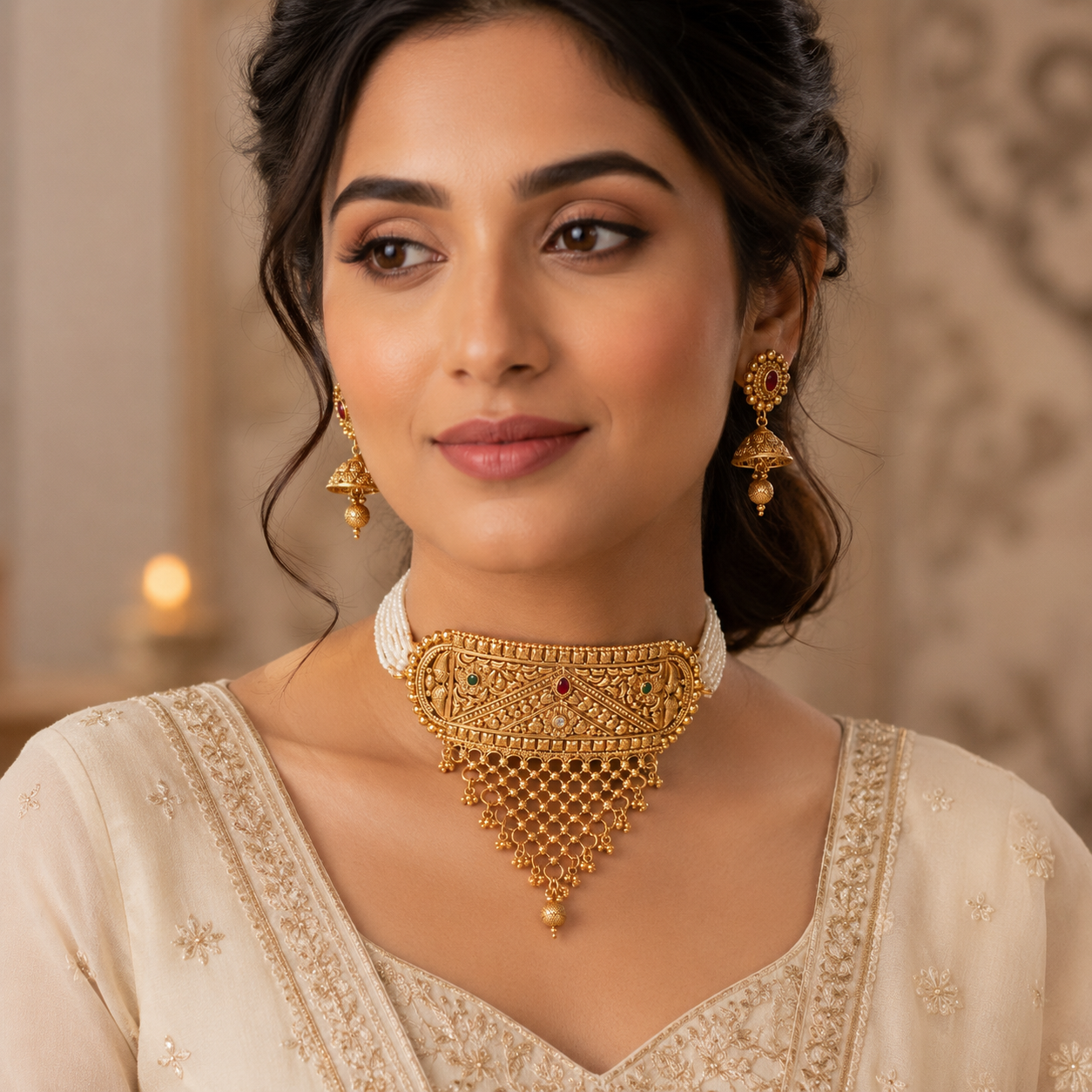 Traditional Antique Gold-Toned Choker Necklace and Jhumki Earring Set with Cascading Mesh Fringe