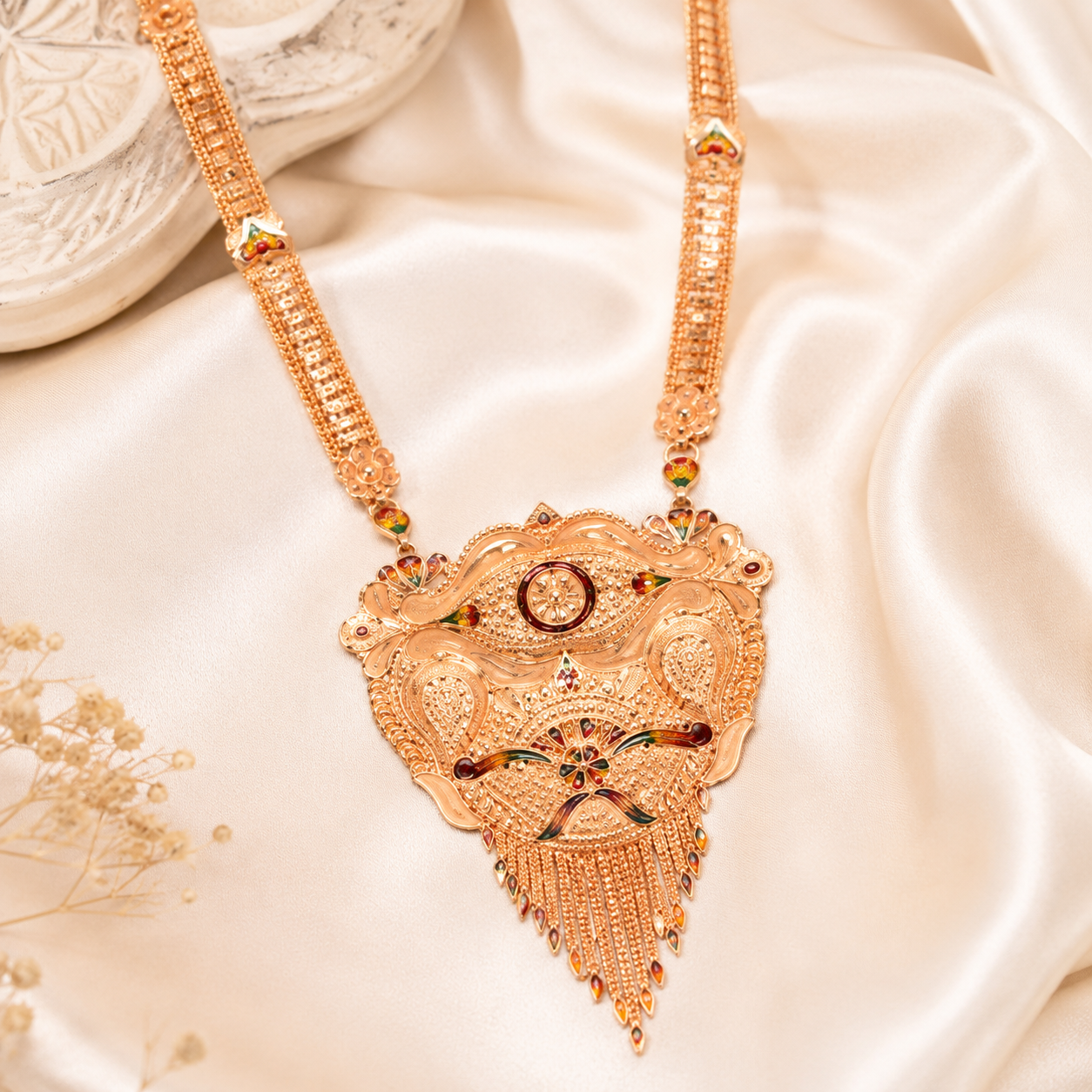 Traditional Antique Gold-Toned Long Necklace with Statement Pendant (Rani Haar)