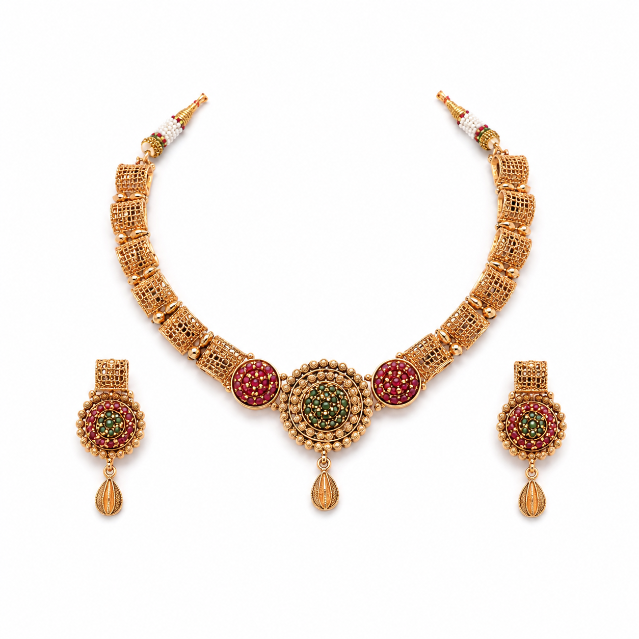 Traditional Antique Gold-Toned Mesh Cylinder Necklace and Stone-Studded Earring Set
