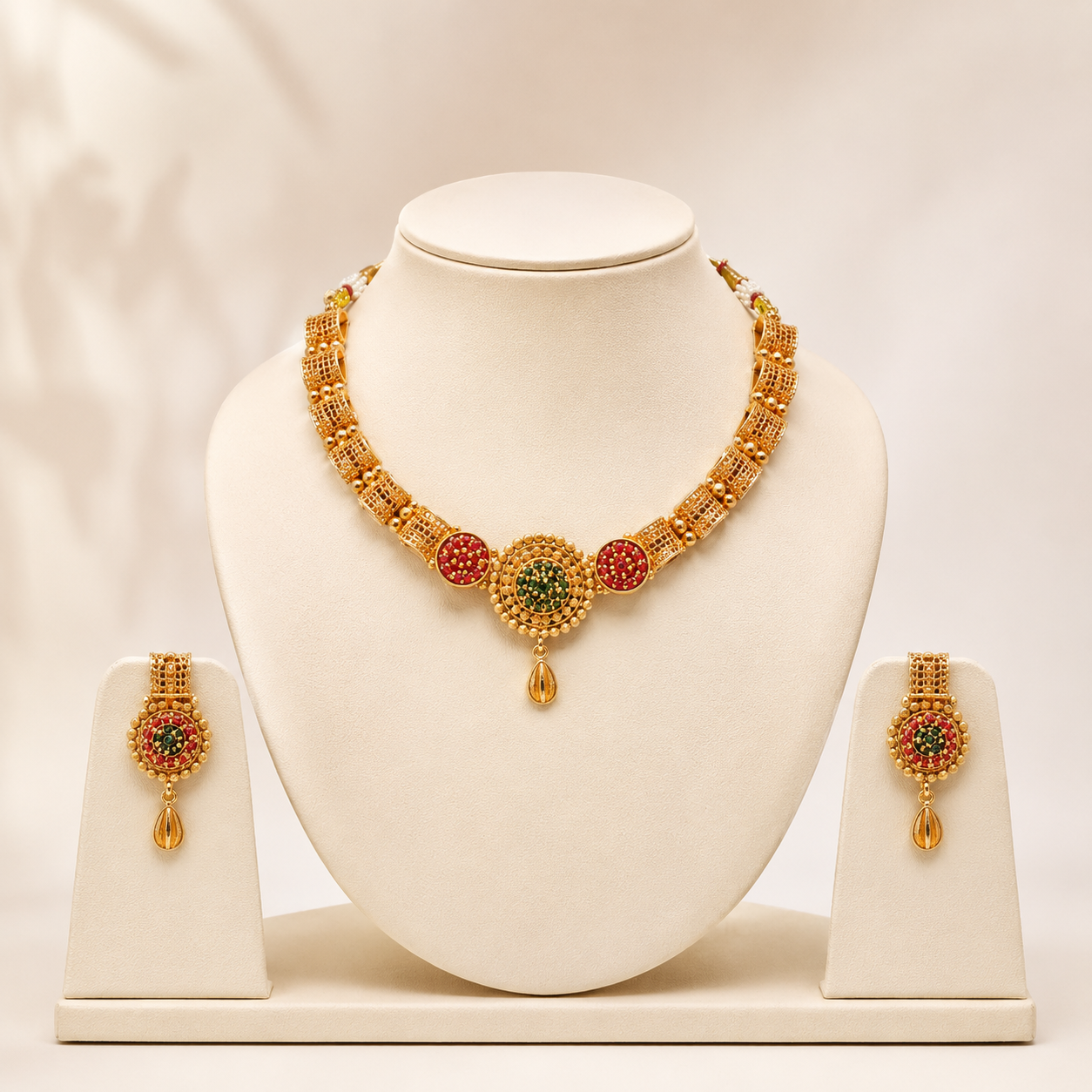Traditional Antique Gold-Toned Mesh Cylinder Necklace and Stone-Studded Earring Set
