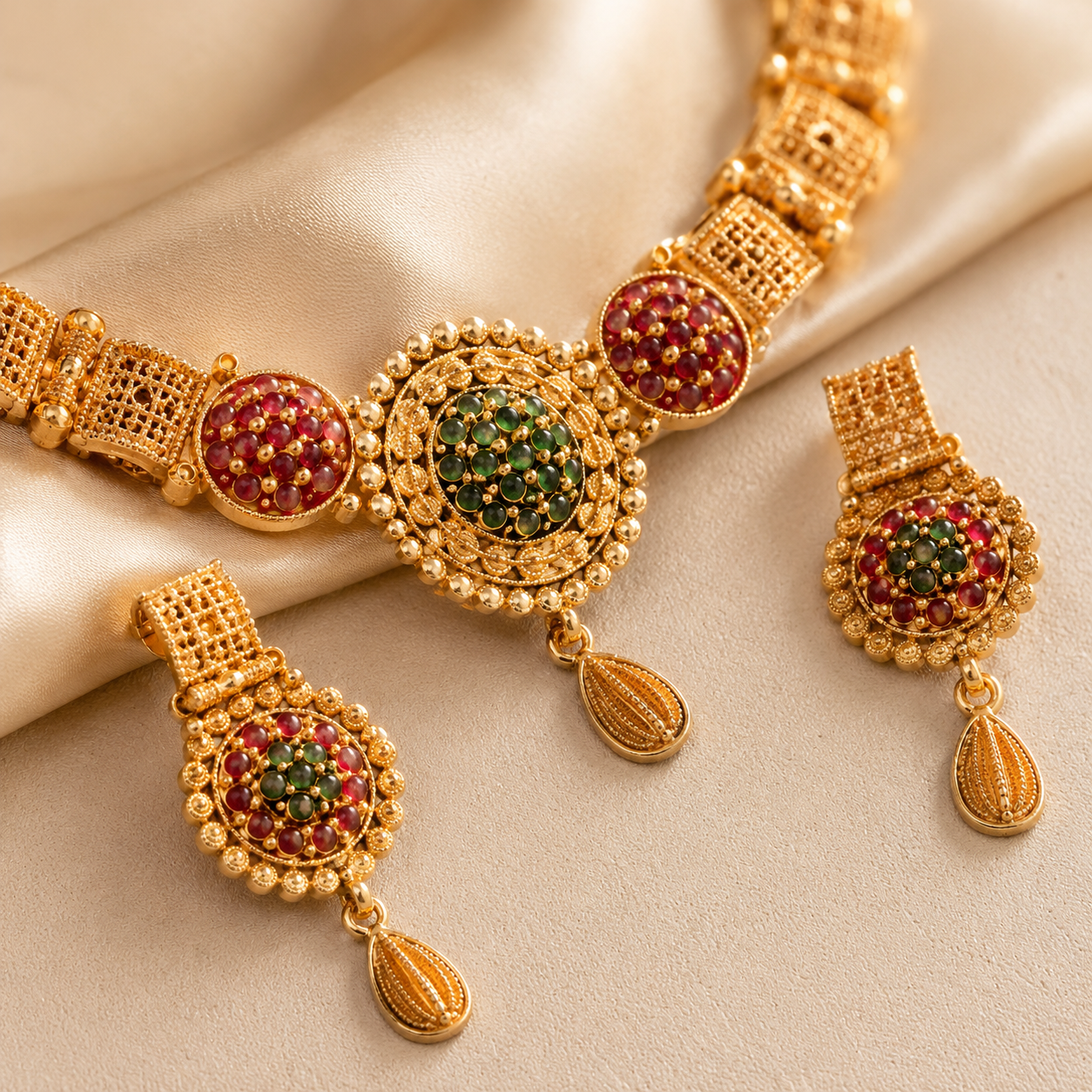 Traditional Antique Gold-Toned Mesh Cylinder Necklace and Stone-Studded Earring Set