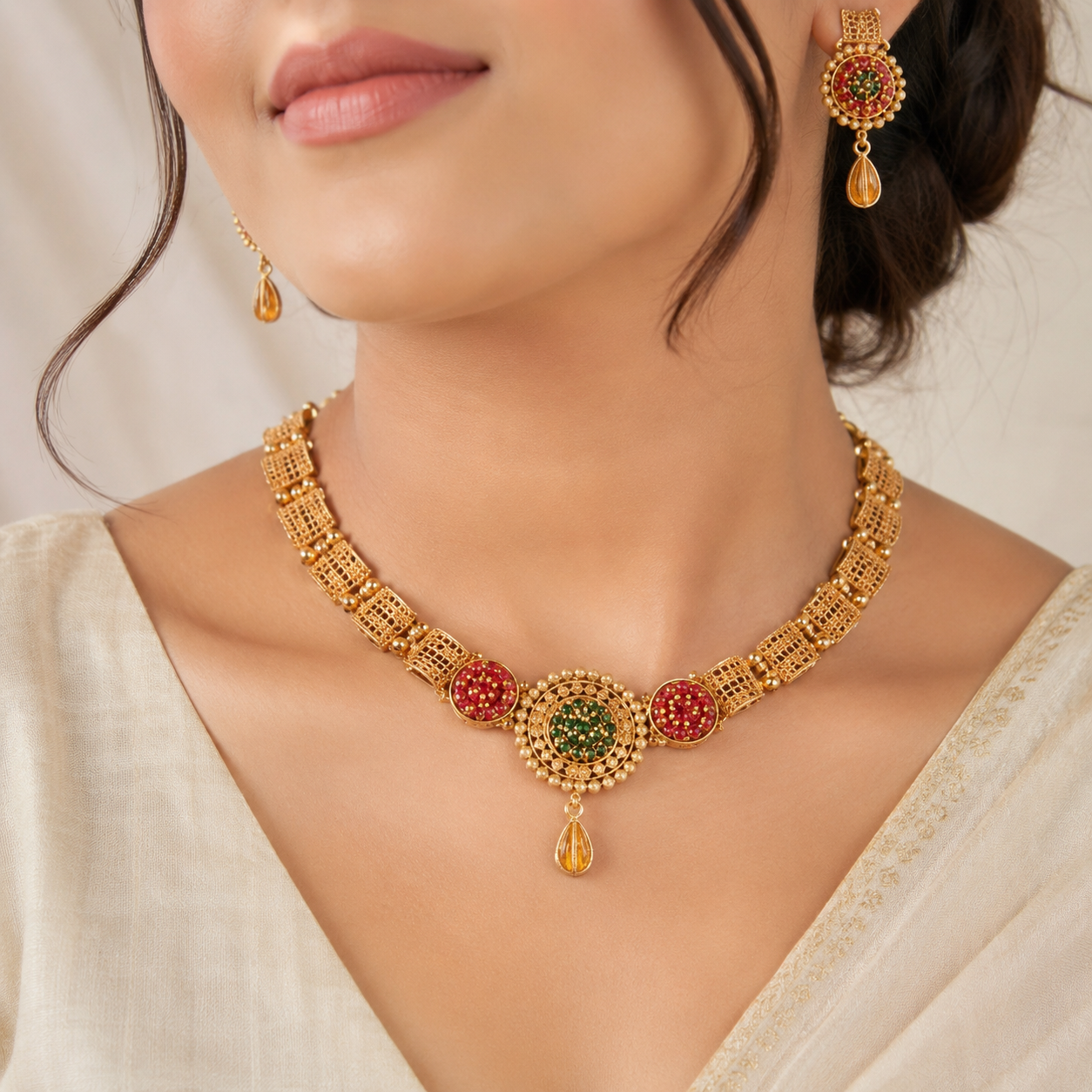 Traditional Antique Gold-Toned Mesh Cylinder Necklace and Stone-Studded Earring Set