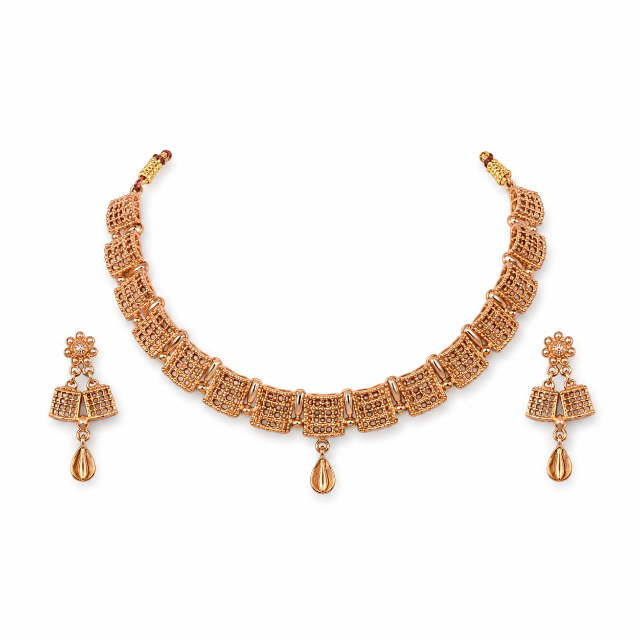 Elegant Rose Gold-Toned Geometric Mesh Necklace and Earring Set