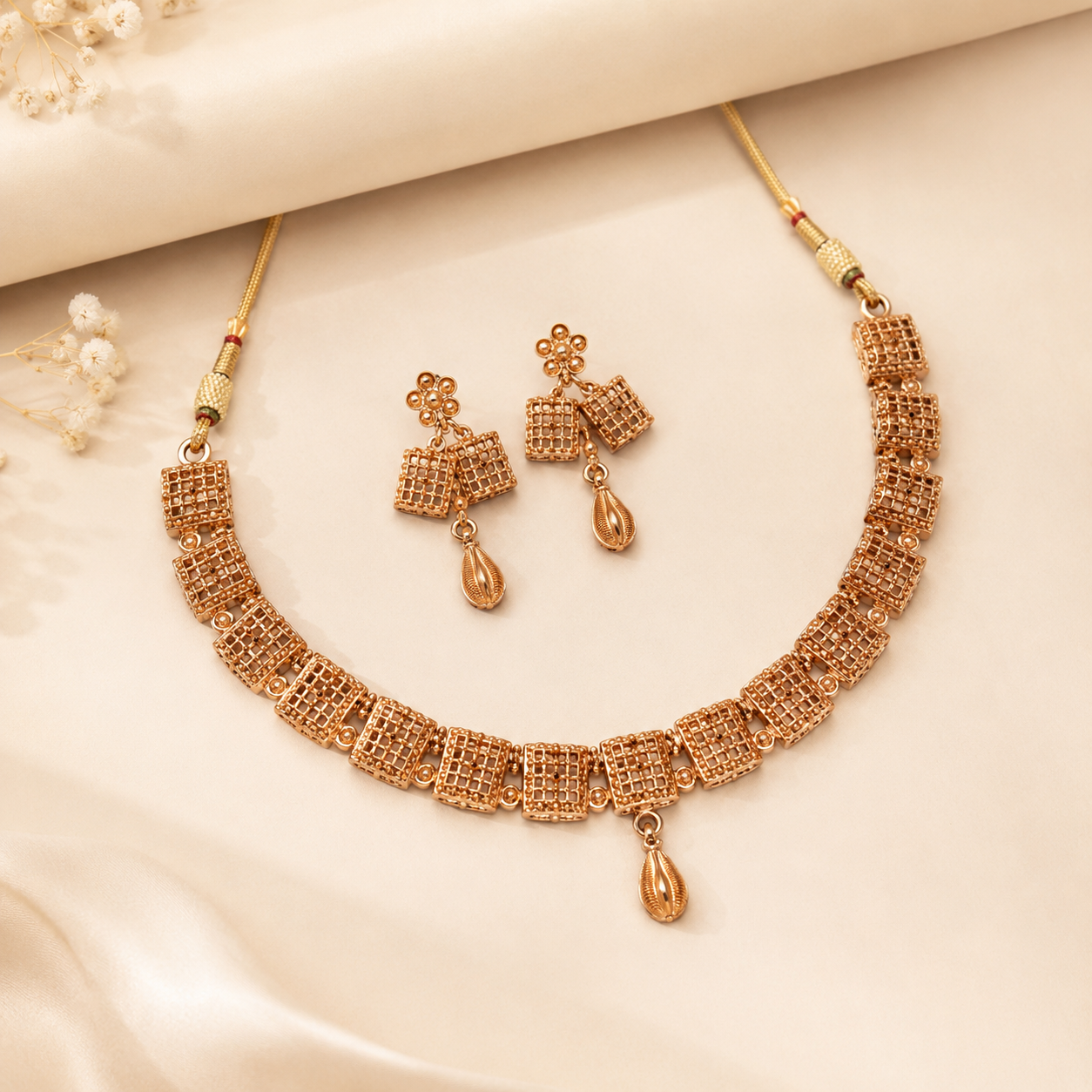 Elegant Rose Gold-Toned Geometric Mesh Necklace and Earring Set