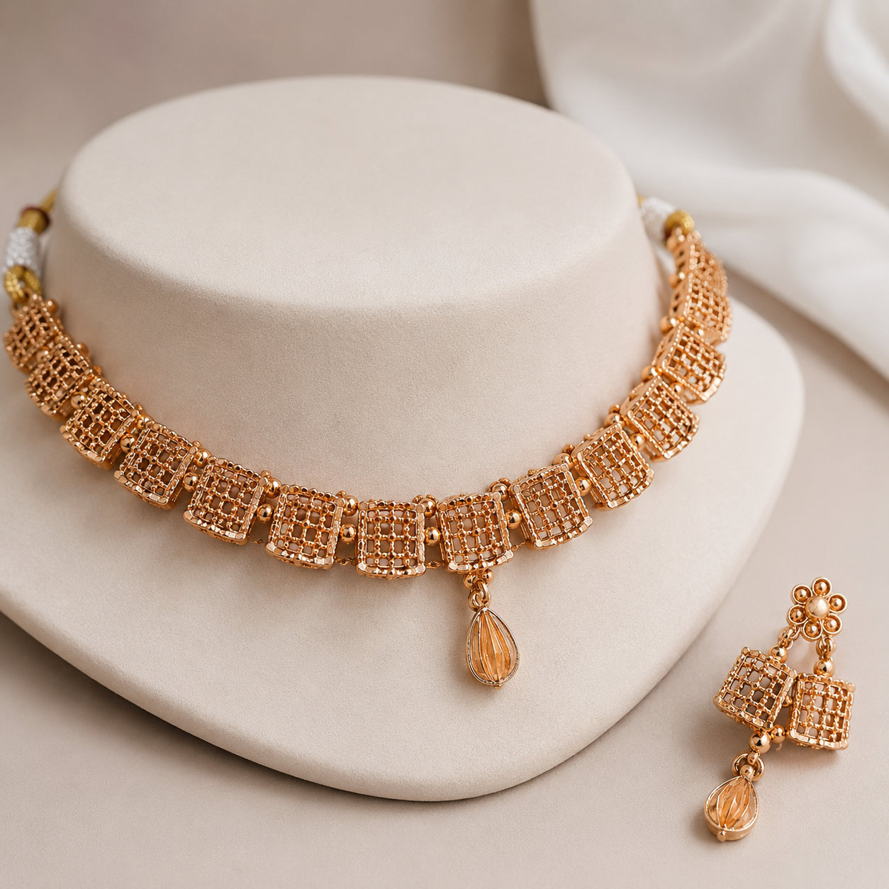 Elegant Rose Gold-Toned Geometric Mesh Necklace and Earring Set