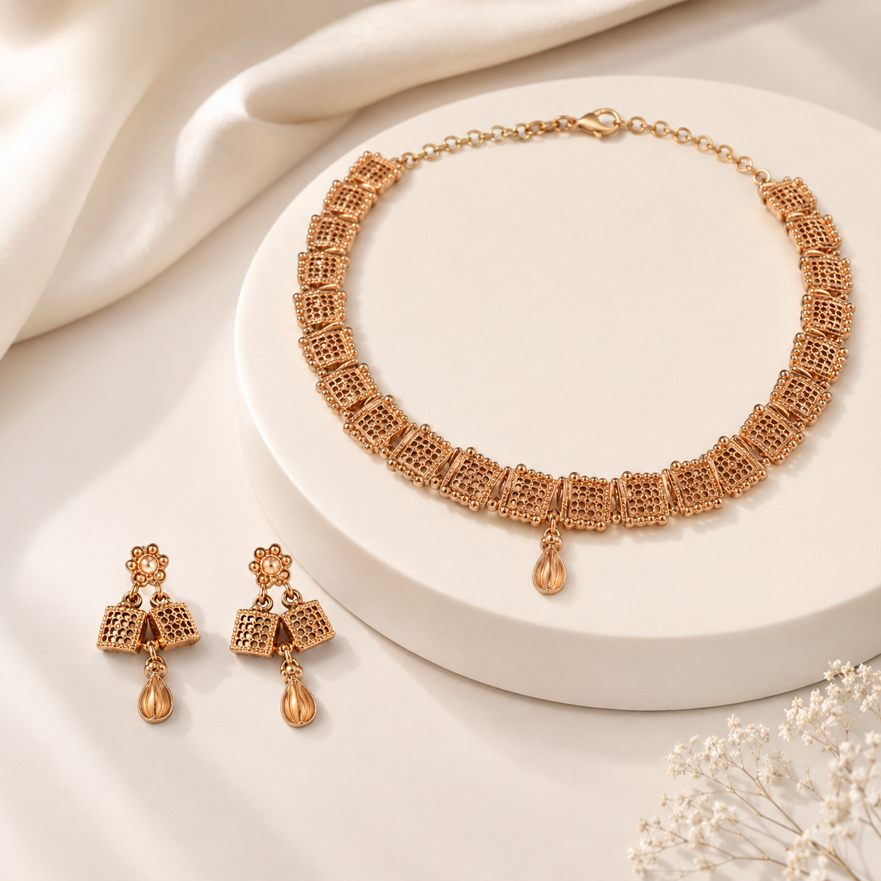 Elegant Rose Gold-Toned Geometric Mesh Necklace and Earring Set