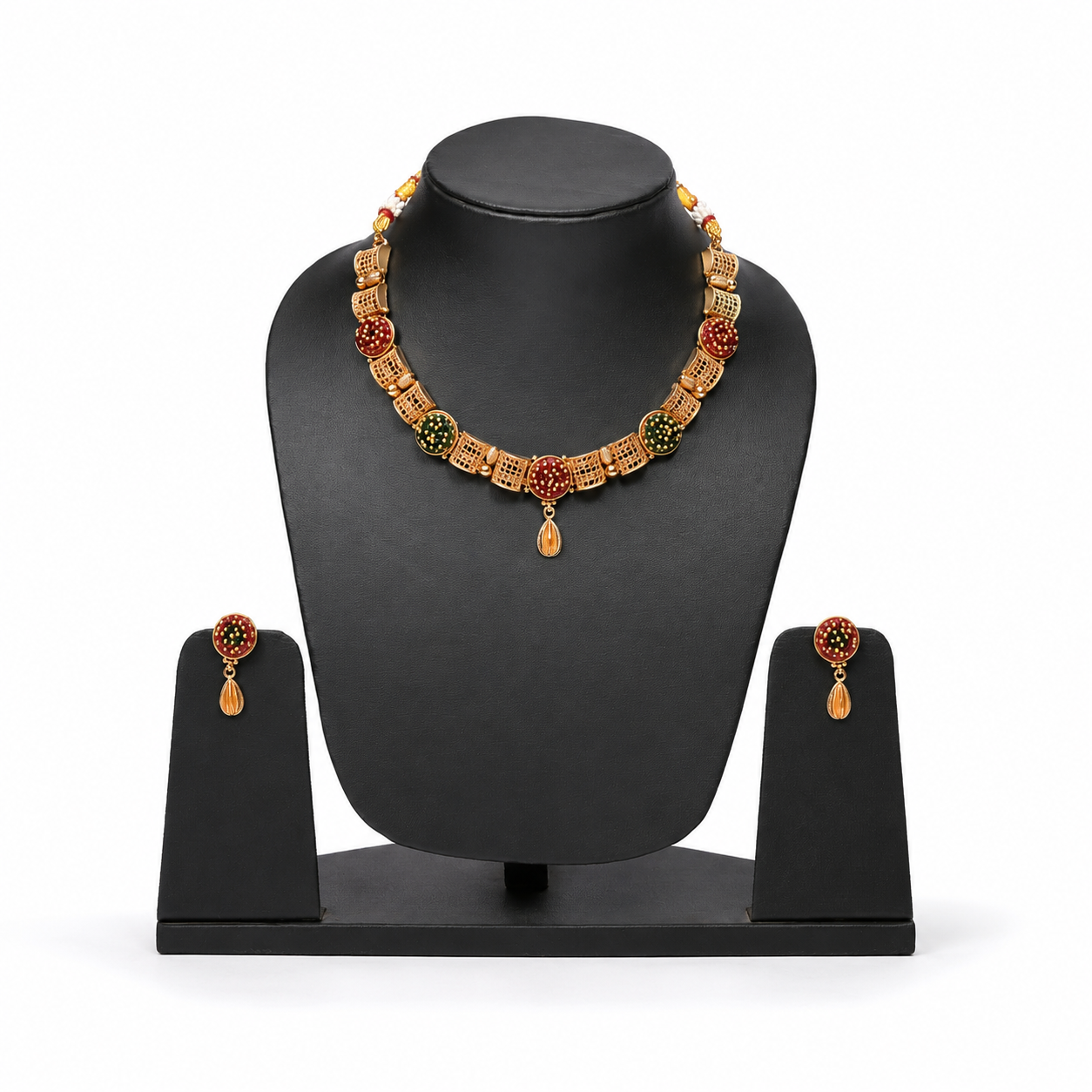 Elegant Gold-Toned Mesh Segment Necklace and Earring Set with Beaded Accents