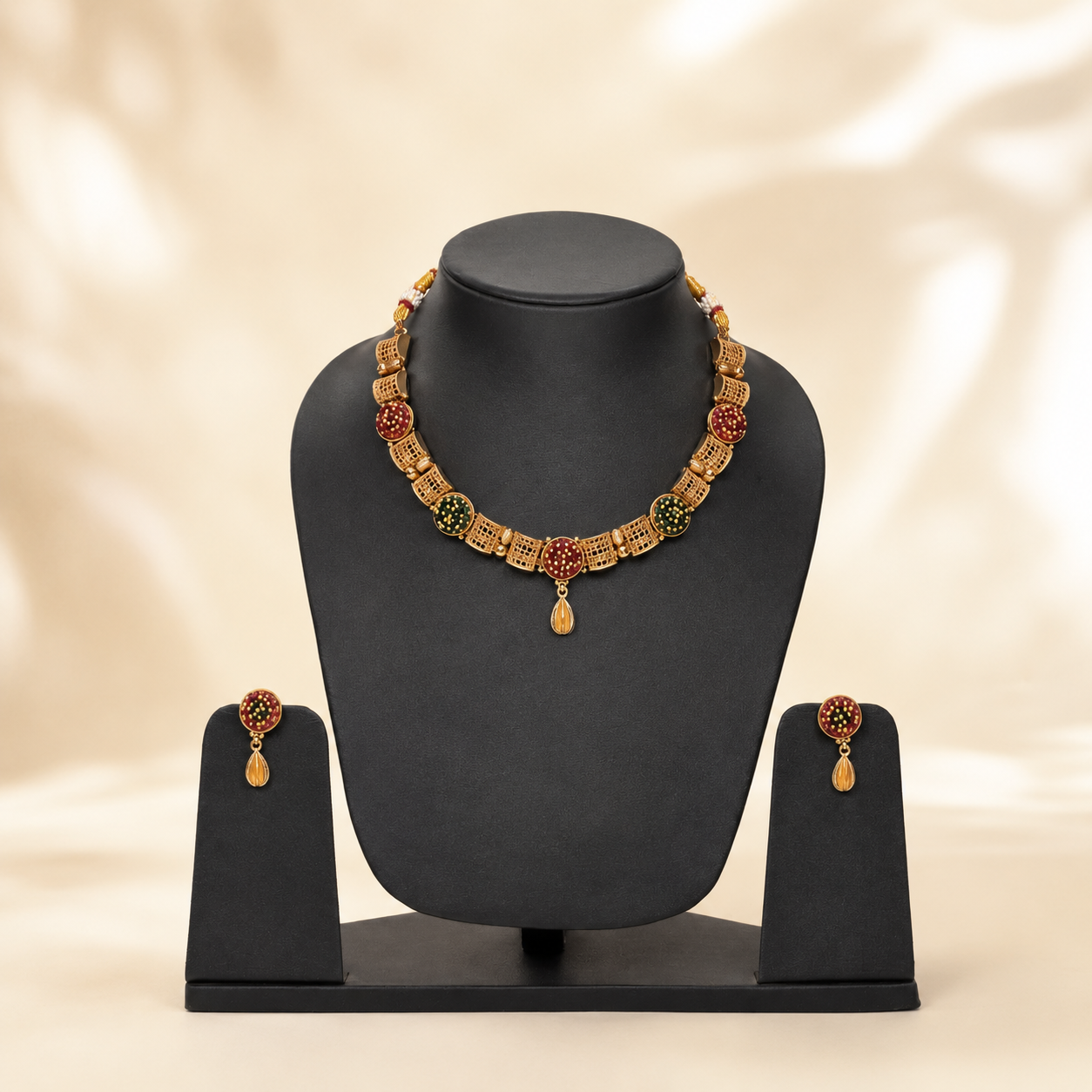 Elegant Gold-Toned Mesh Segment Necklace and Earring Set with Beaded Accents