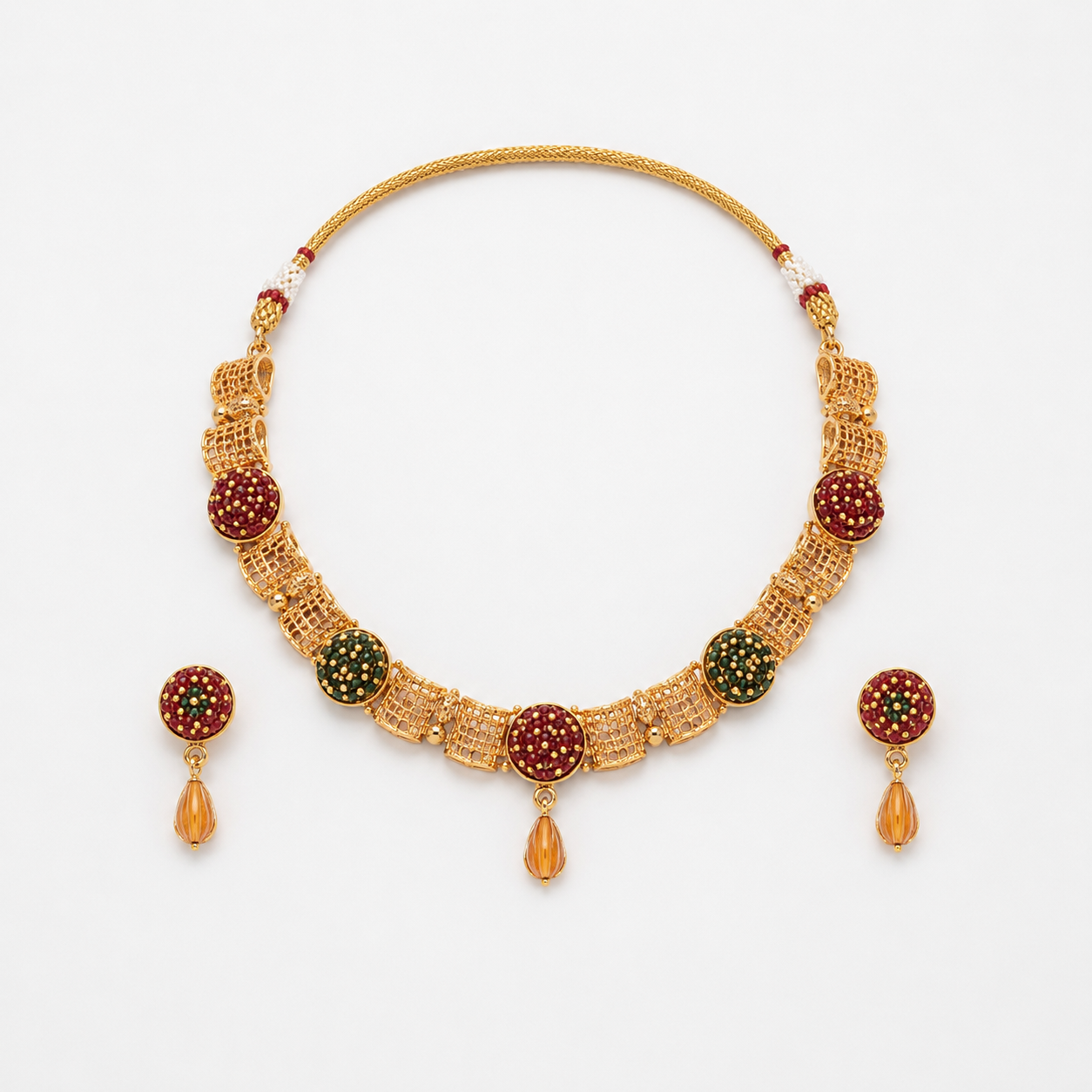 Elegant Gold-Toned Mesh Segment Necklace and Earring Set with Beaded Accents