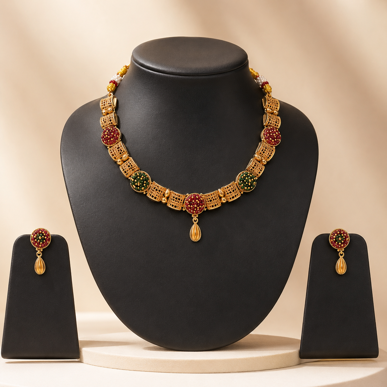Elegant Gold-Toned Mesh Segment Necklace and Earring Set with Beaded Accents