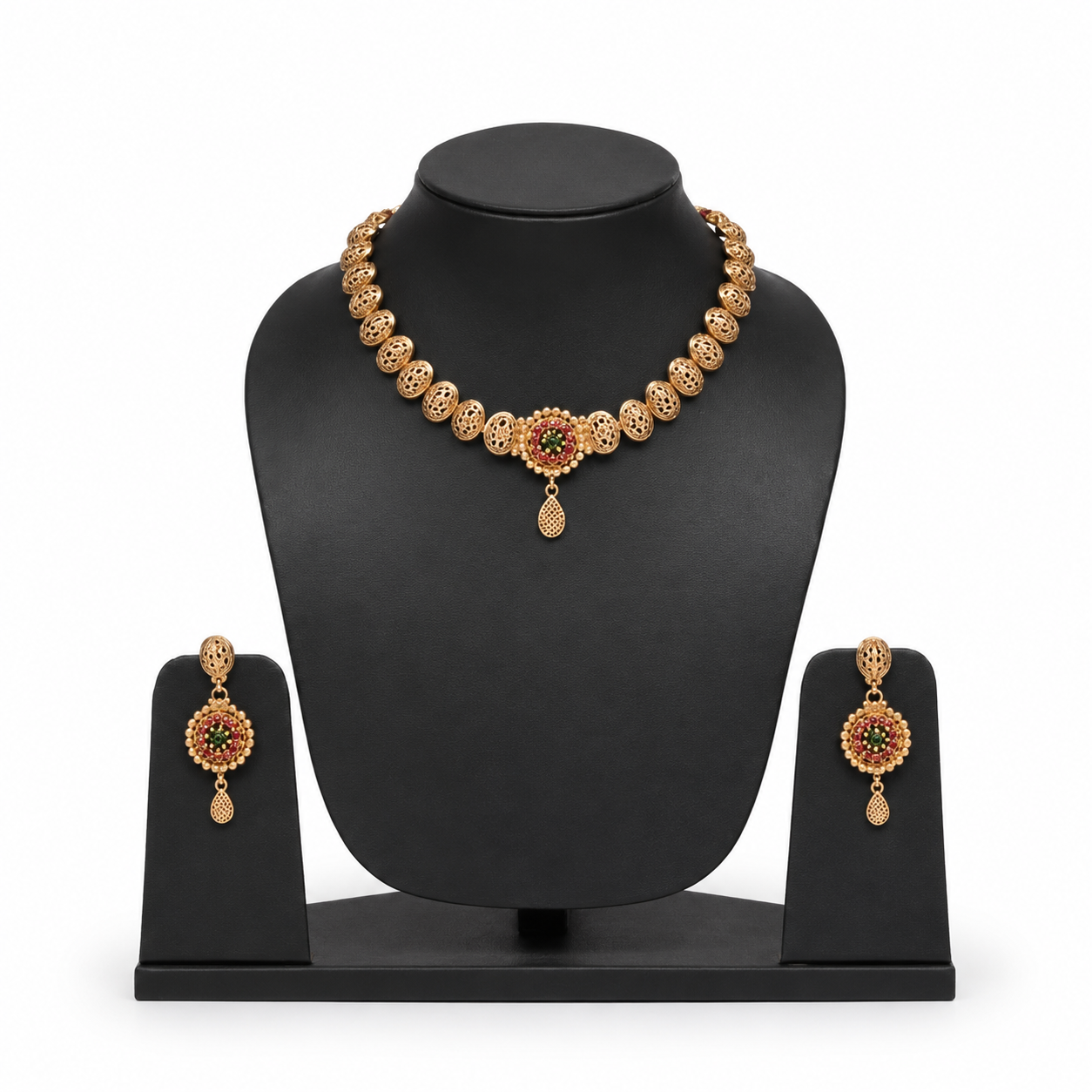 Traditional Antique Gold-Toned Filigree Bead Necklace and Earring Set