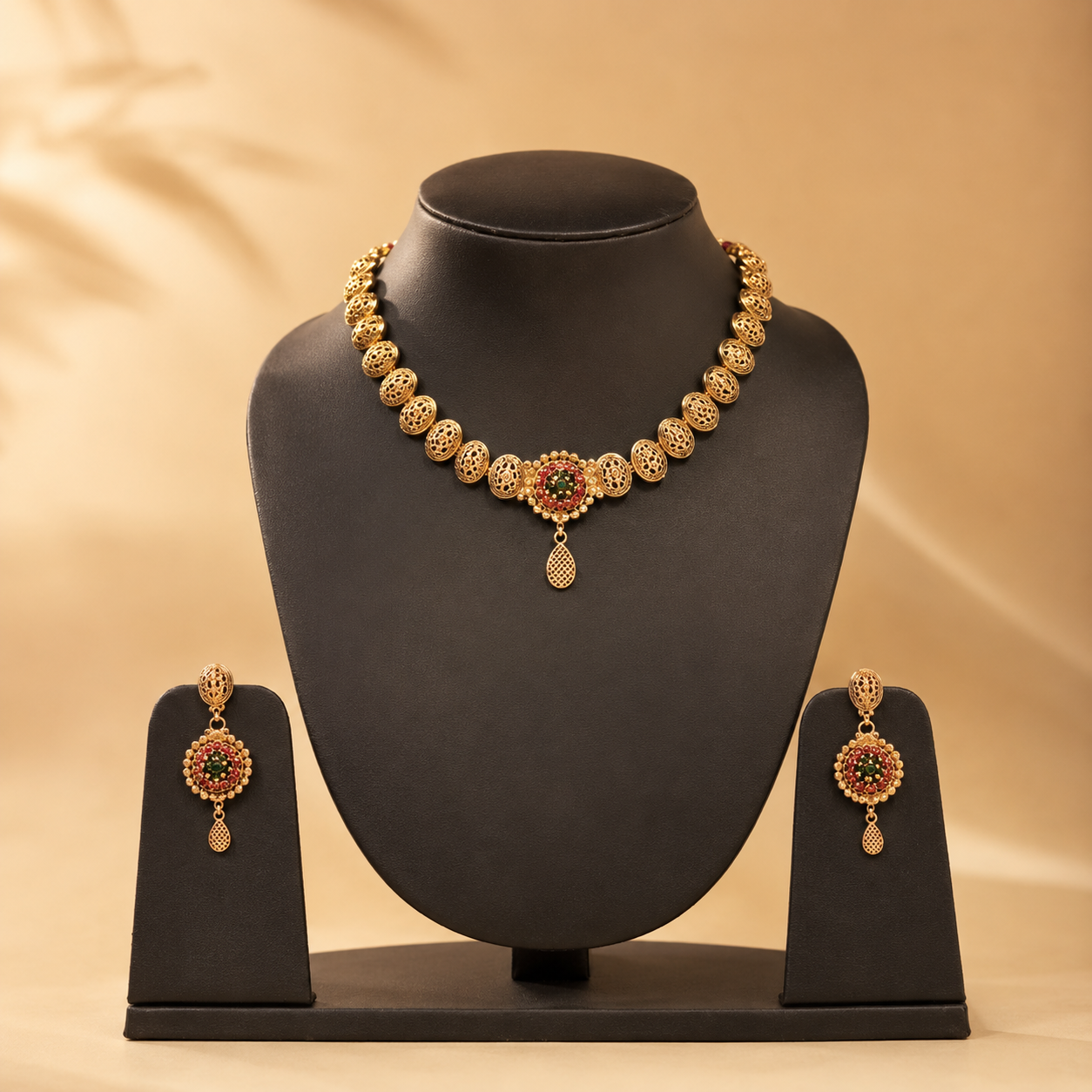 Traditional Antique Gold-Toned Filigree Bead Necklace and Earring Set