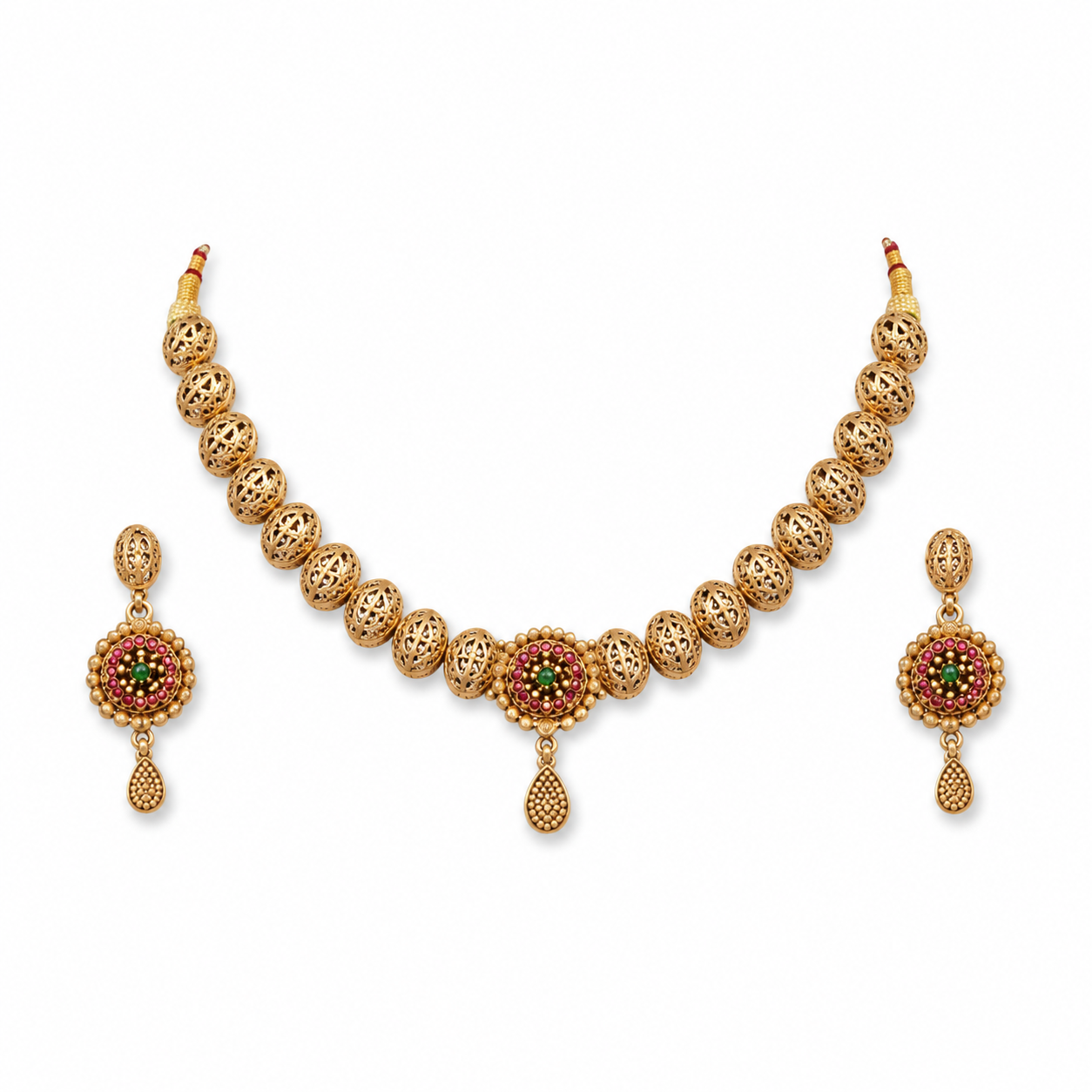 Traditional Antique Gold-Toned Filigree Bead Necklace and Earring Set