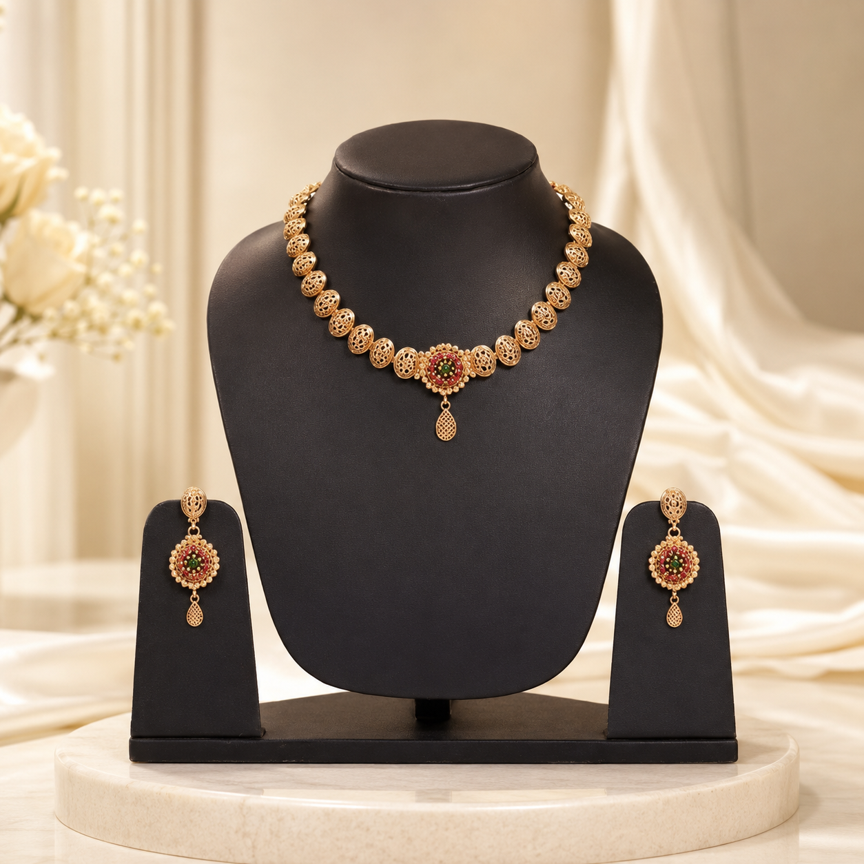 Traditional Antique Gold-Toned Filigree Bead Necklace and Earring Set