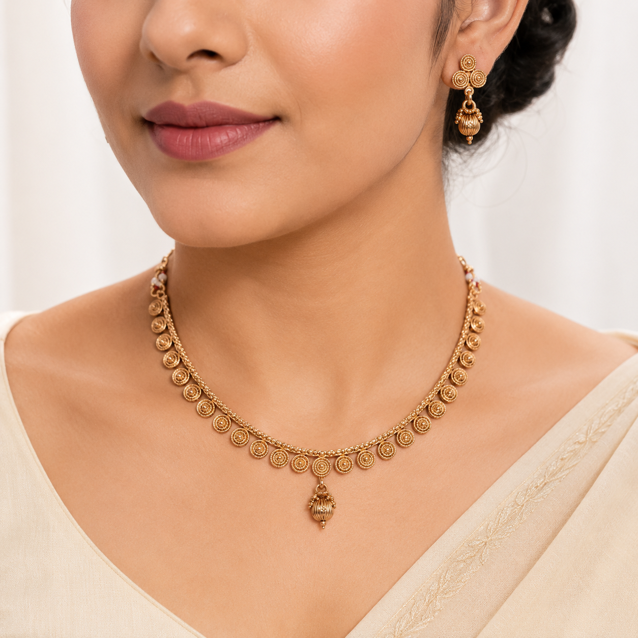 Elegant Antique Gold-Toned Spiral Motif Necklace and Earring Set