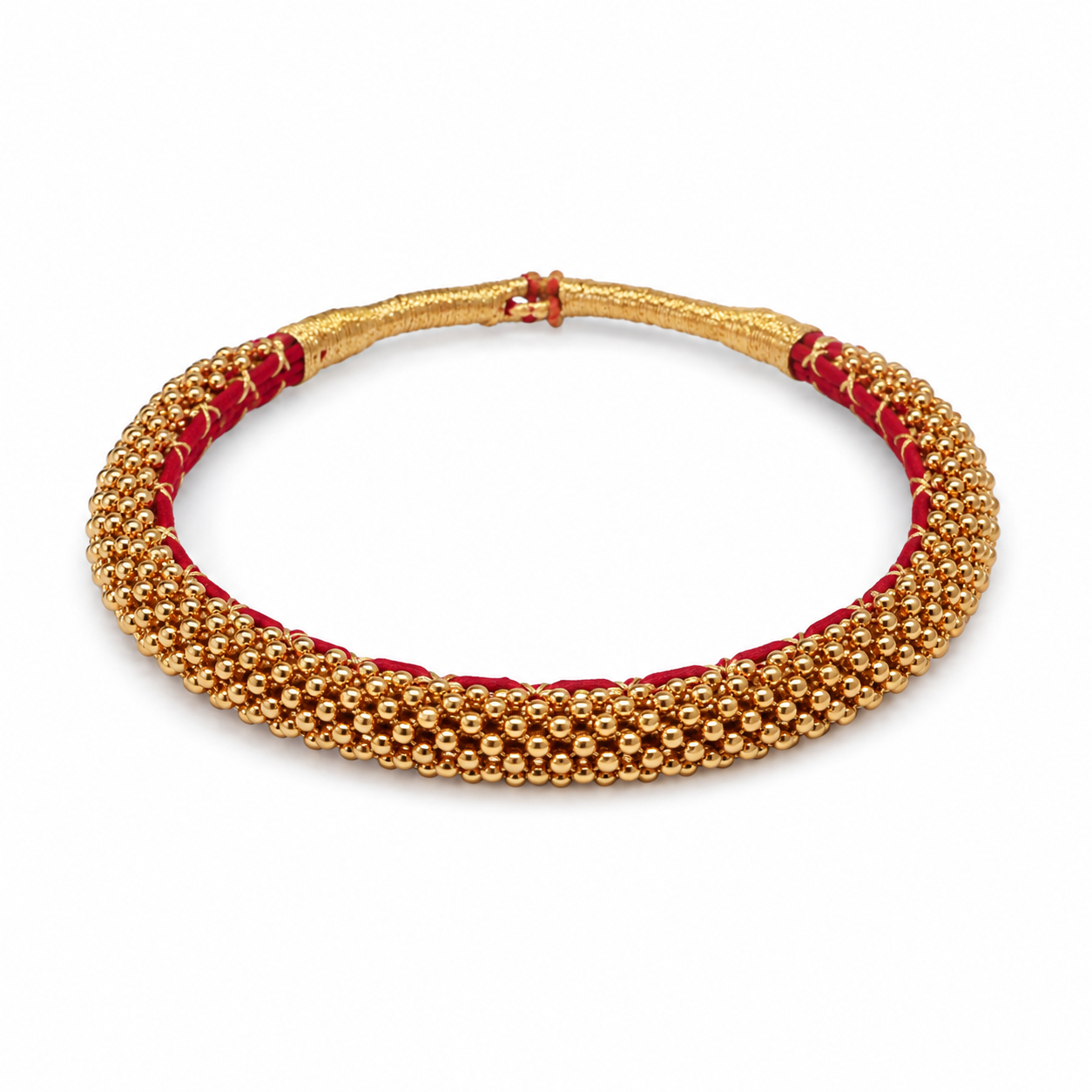 Traditional Gold-Toned Beaded Choker Necklace with Red Fabric Accent