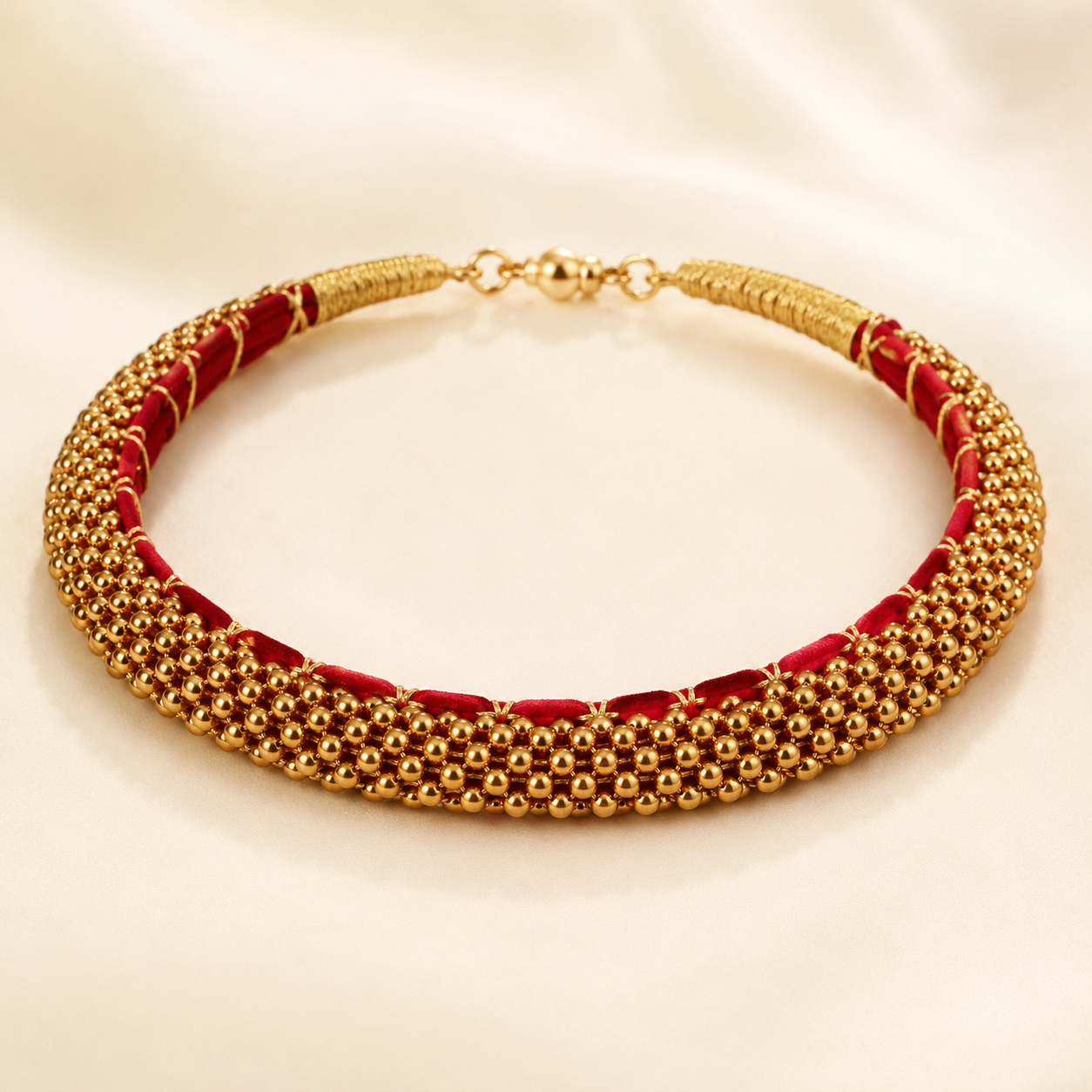 Traditional Gold-Toned Beaded Choker Necklace with Red Fabric Accent