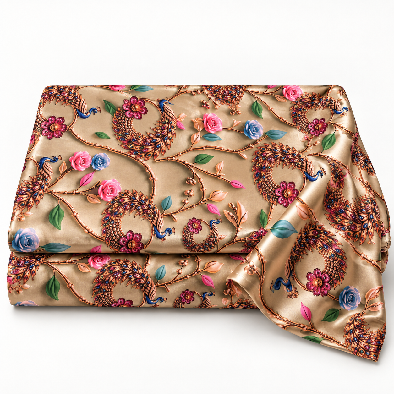 Dubai Wala Peacock Floral Printed Fabric – Premium Satin Finish