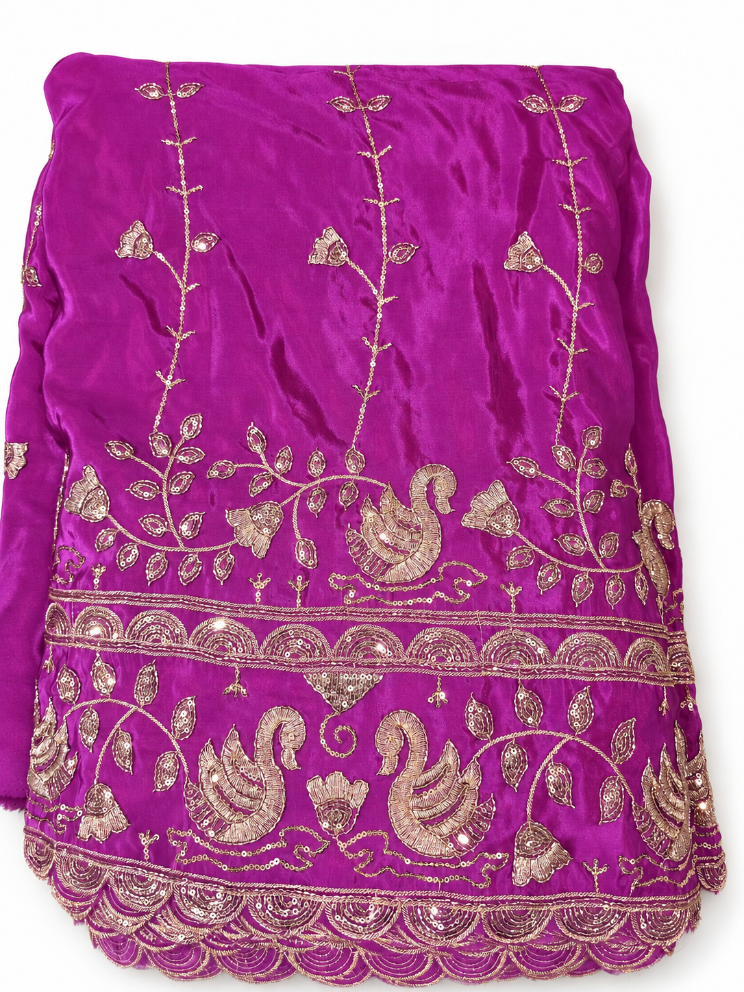 Exquisite Heavy Embroidered Fabric with Royal Swan Motifs and Sequin Work