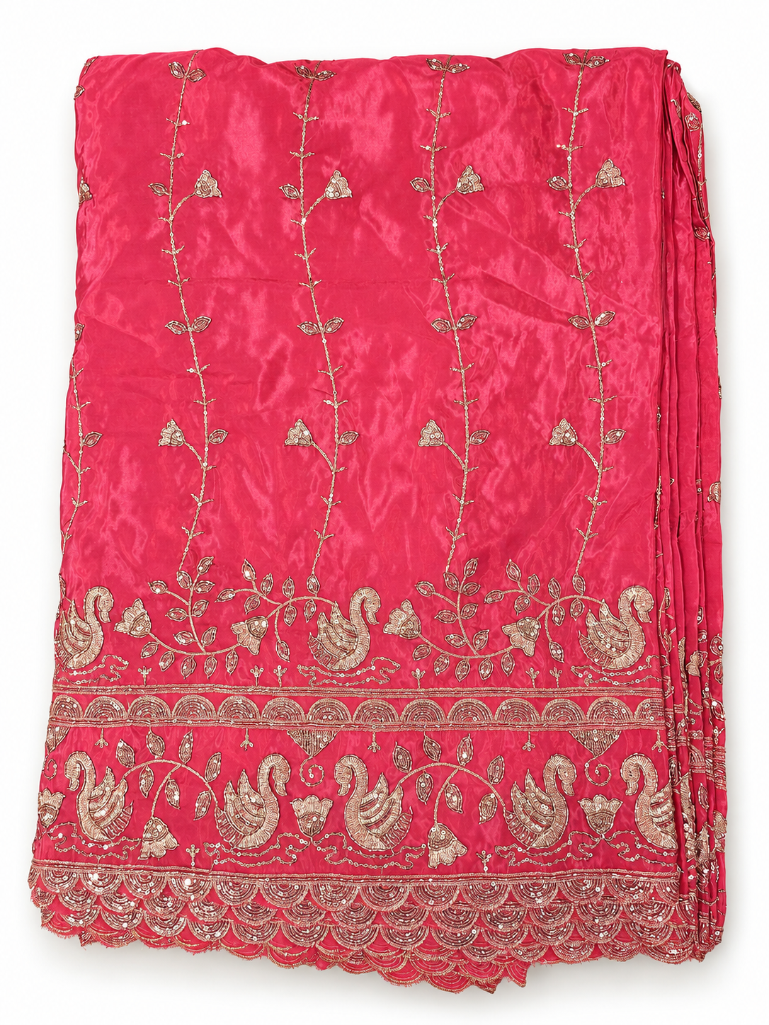 Exquisite Heavy Embroidered Fabric with Royal Swan Motifs and Sequin Work